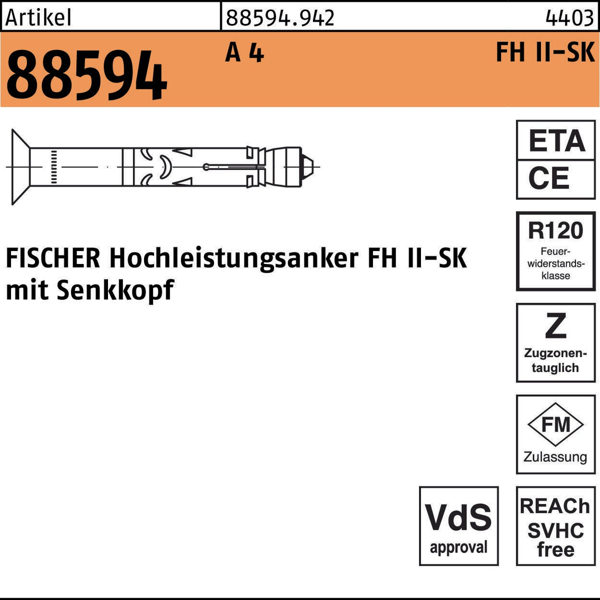 FISCHER Hochleistungsanker FH II-SK 10/15, Stahl galvanisch verzinkt