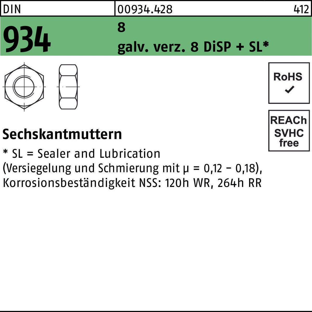 Sechskantmutter DIN 934 M10 verzinkt 8 DiSP + SL von F. REYHER – 500 Stück