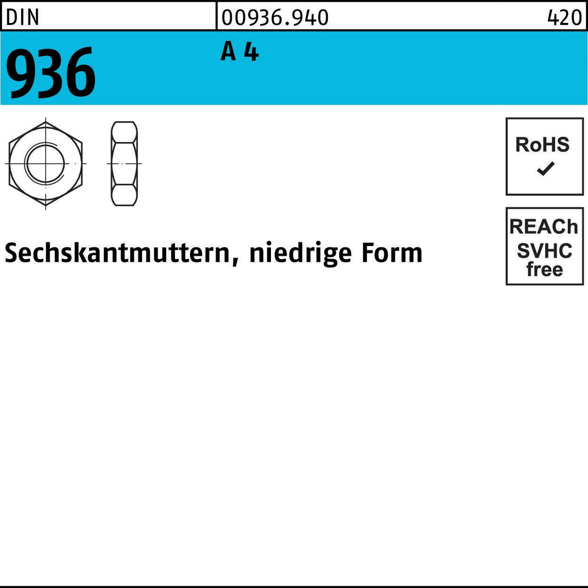 F. REYHER Sechskantmutter DIN 936 M8 22 H, 100 Stück, niedrige Form
