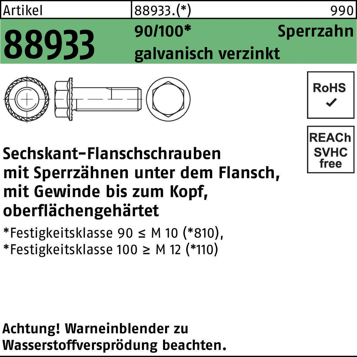 F. REYHER Sechskantflanschschraube R 88933 Sperrzahn M12x20 VG 100 Stück