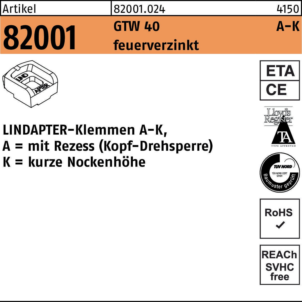 LINDAPTER Klemmen R 82001 GTW 40 KM 10/4,0 – Form A-K, galvanisch verzinkt