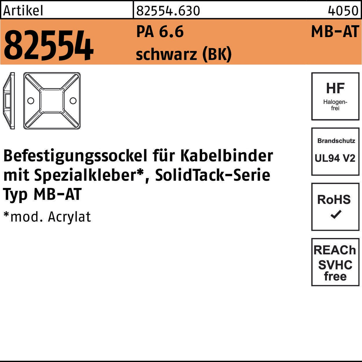HELLERMANNTYTON Befestigungssockel R 82554 MB-AT 19x19 mm PA 6.6 natur 100 Stück