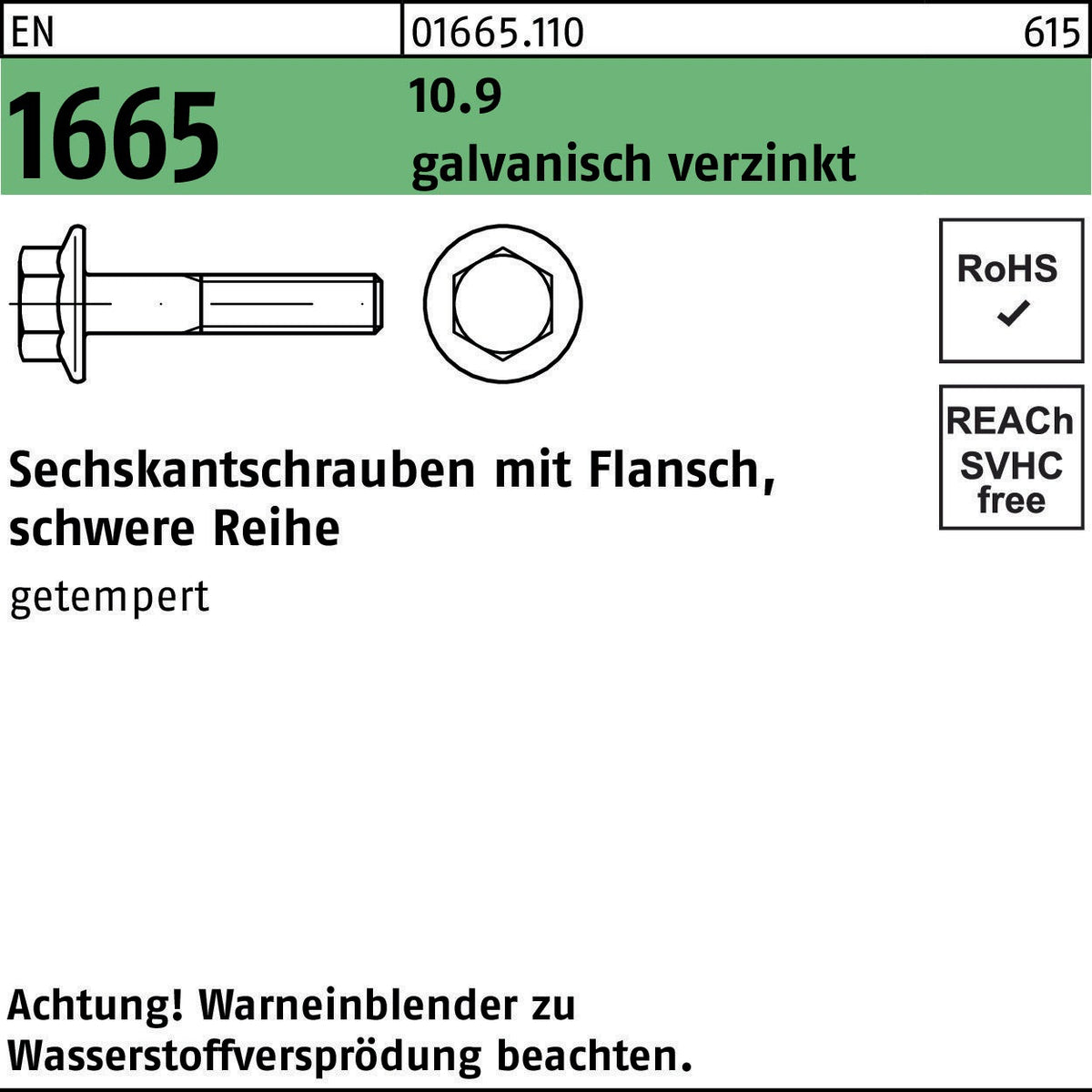 F. REYHER Sechskantschraube EN 1665 Flansch M16x70 10.9 galvanisch verzinkt