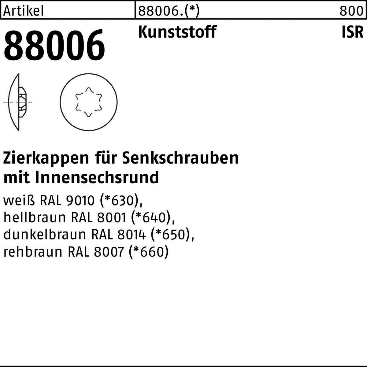 REYHER Zierkappe R 88006 für ISR Senkschrauben 15x12/3,5 mm Kunststoff weiß – 1000 Stück