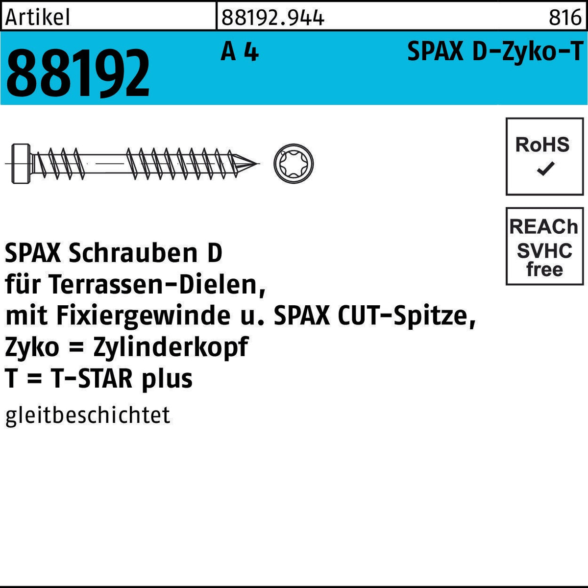 SPAX Holzbauschraube R 88192 Zylinderkopf T-STAR 5x40/22 T25 A2 CUT-Spitze 200 Stück