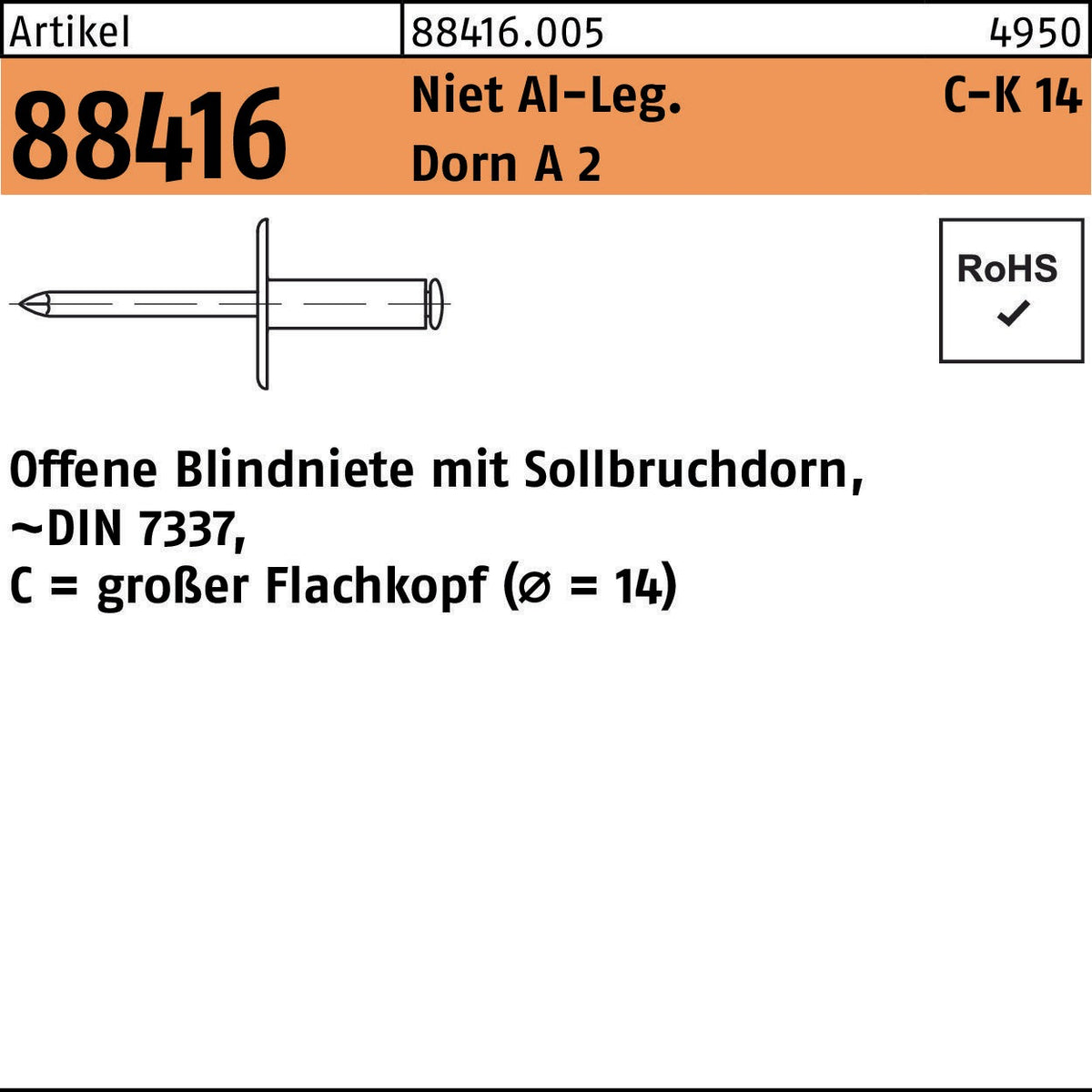 Blindniete R 88416 Großer Flachkopf 5x10 mm Aluminium/Dorn A2, 500 Stück von F. REYHER