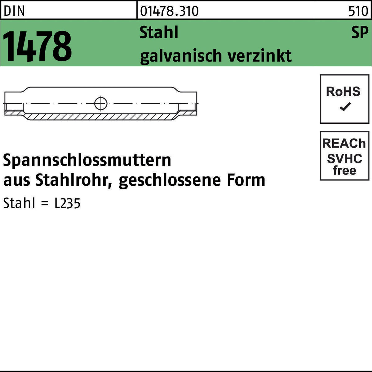 F. REYHER Spannschlossmutter DIN 1478 ÜZ geschlossen SP M6 Stahl 3.6 galvanisch verzinkt 10 Stück