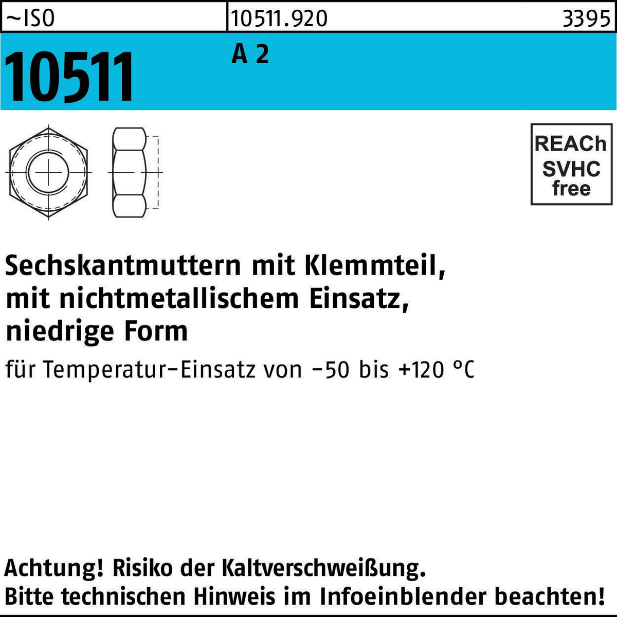 Sechskantmutter ISO 10511 mit Klemmteil M3 von F. REYHER – 1000 Stück, galvanisch verzinkt