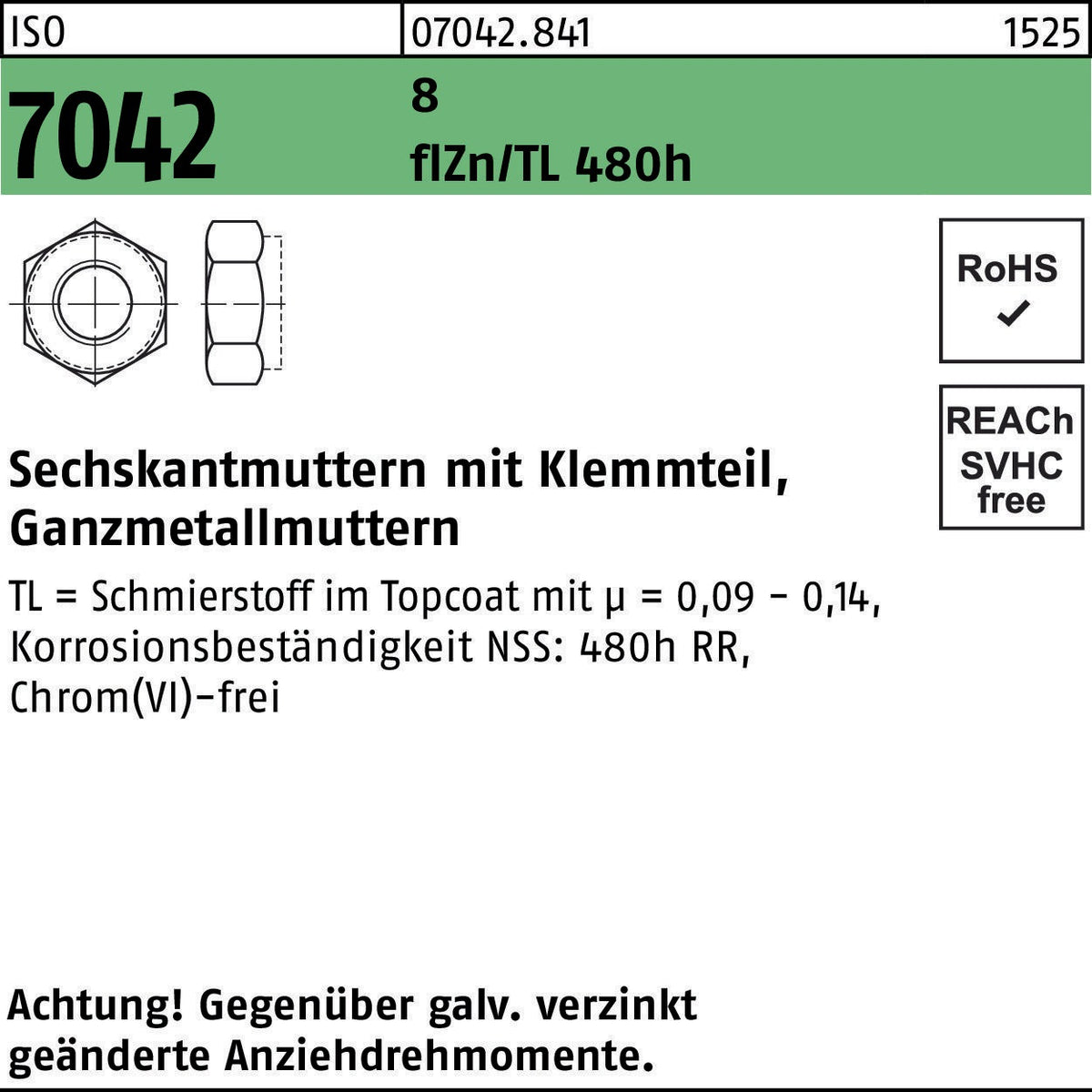 F. REYHER Sechskantmutter ISO 7042 Klemmteil M6 8 zinklamellenbeschichtet 1000 Stück