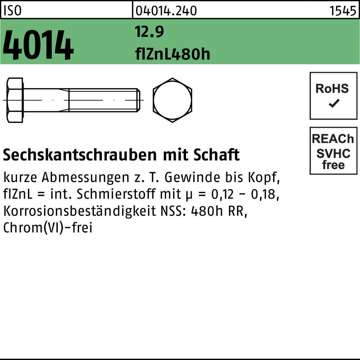 Sechskantschraube ISO 4014 M10x40 12.9 flZnL 480h zinklamellenbeschichtet 100 Stk. von F. REYHER