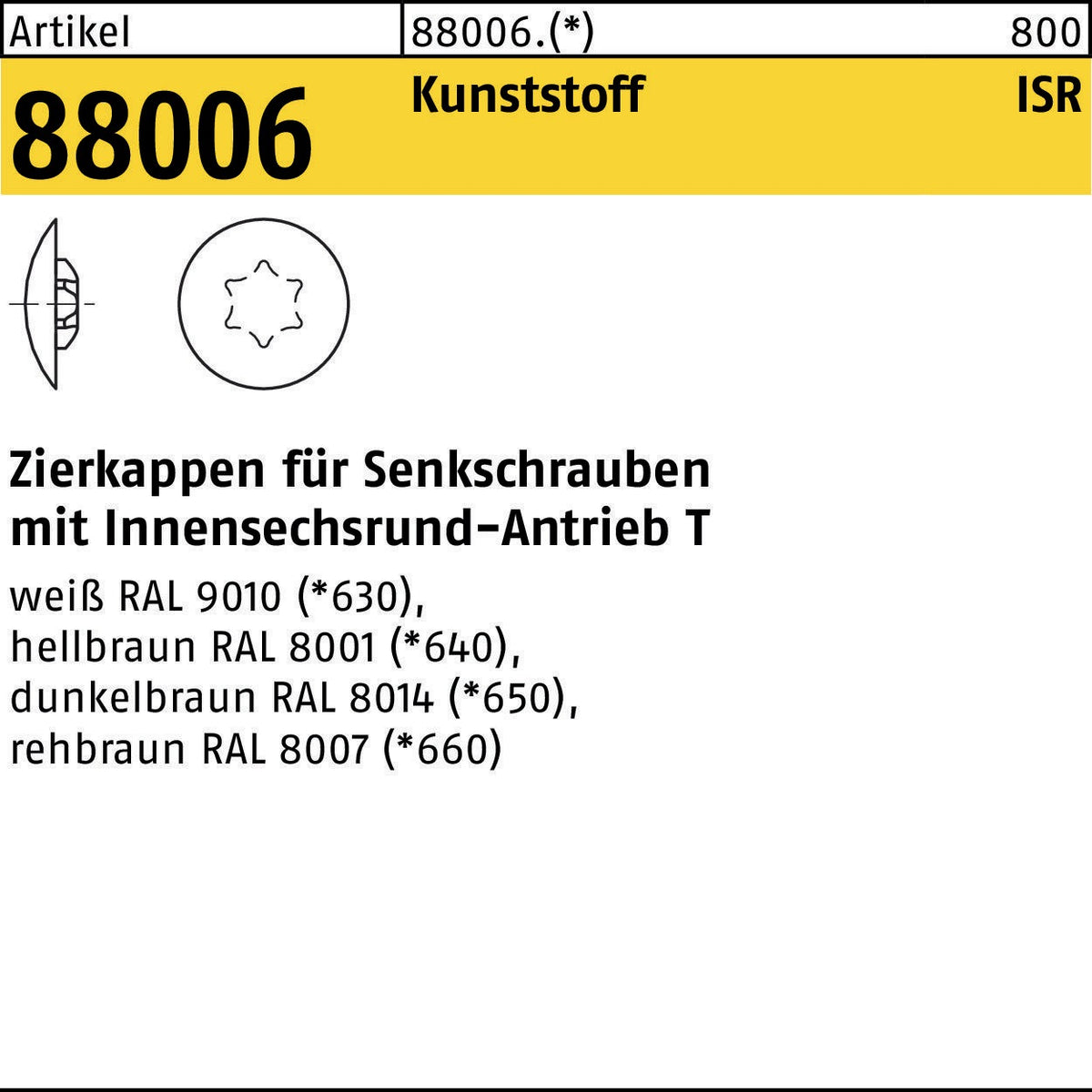 REYHER Zierkappe R 88006 für ISR Senkschrauben 15x12/3,5 mm Kunststoff weiß – 1000 Stück