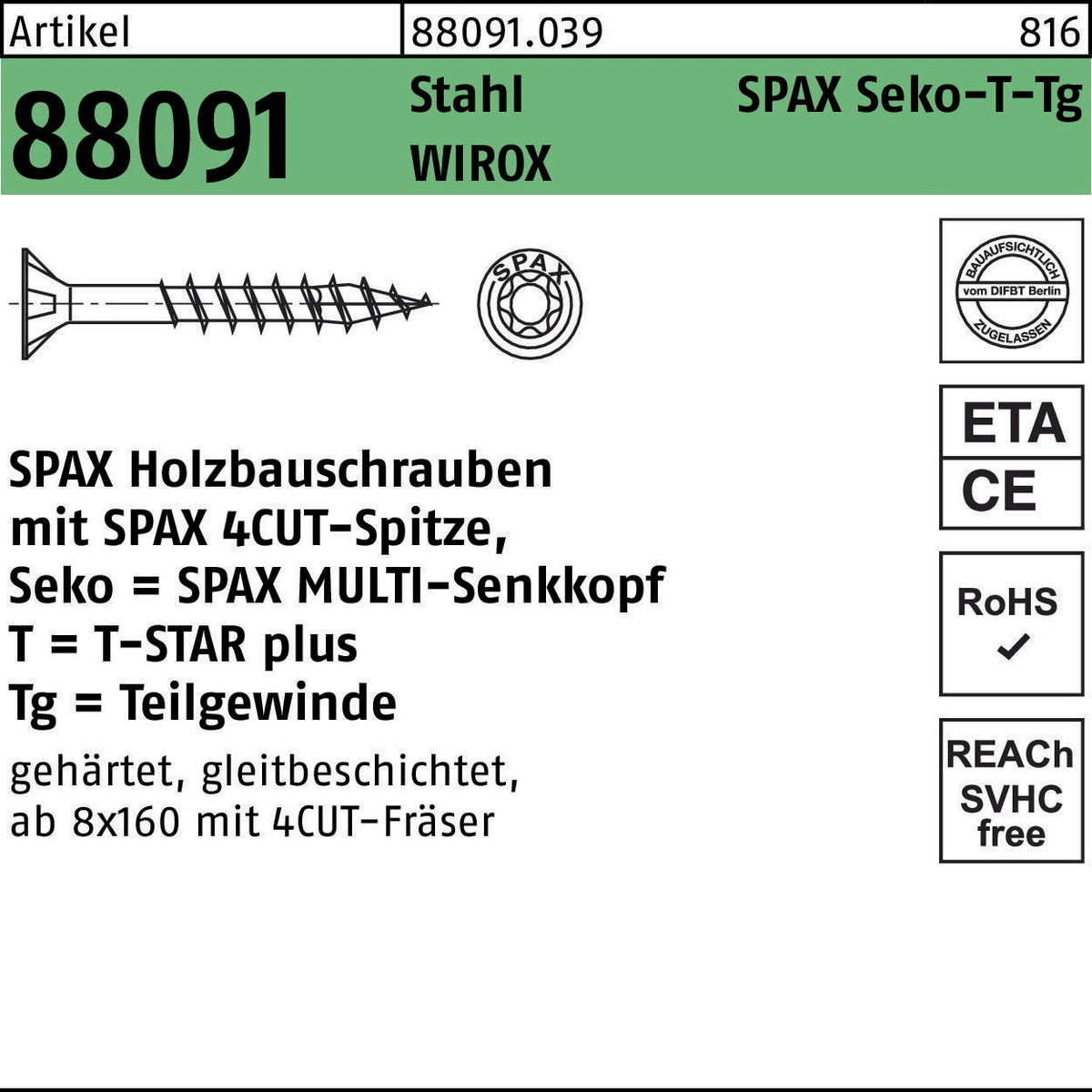 SPAX Holzbauschrauben 8x80 mm T-STAR plus Senkkopf Teilgewinde WIROX 50 Stück