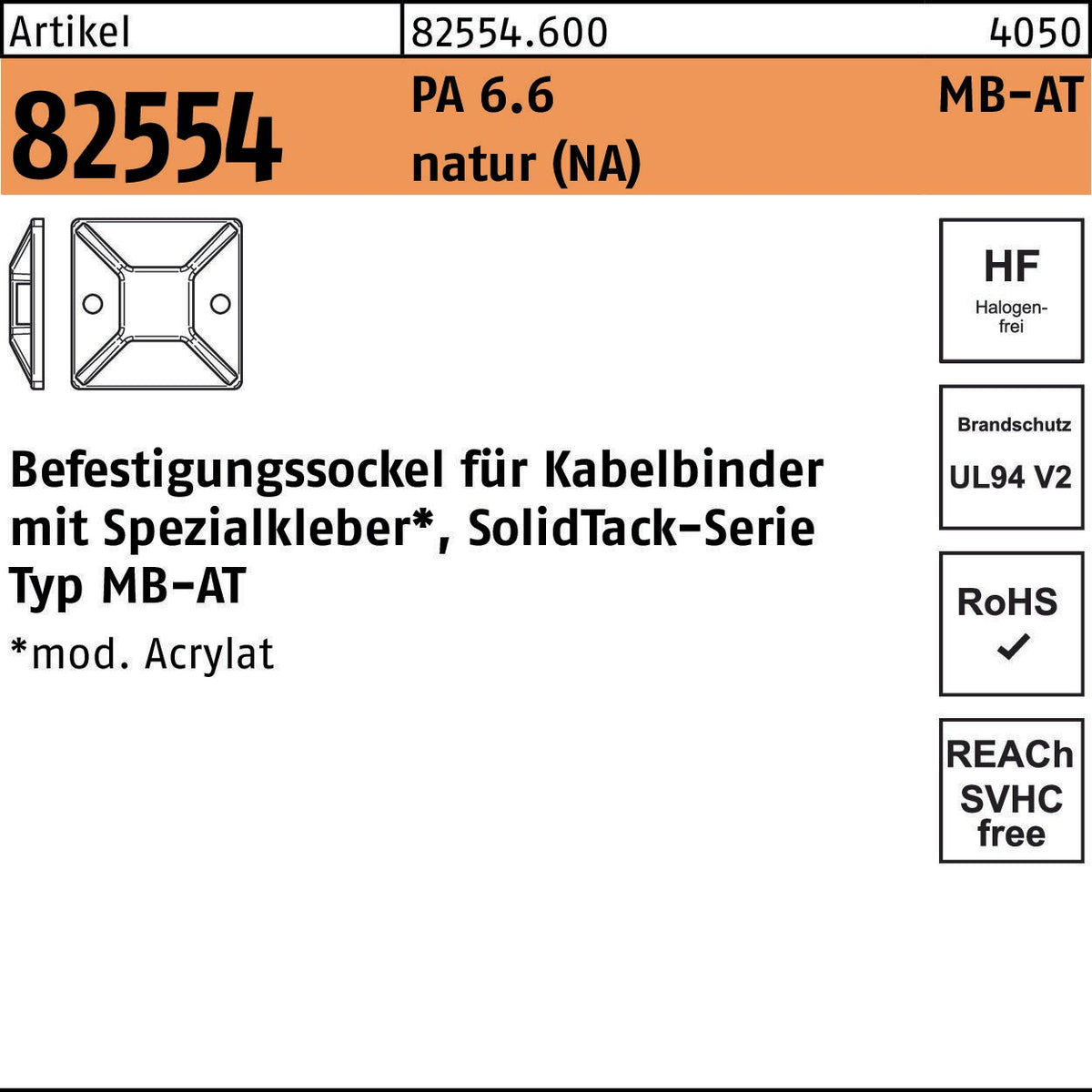 HELLERMANNTYTON Befestigungssockel R 82554 MB-AT 19x19 mm PA 6.6 natur 100 Stück