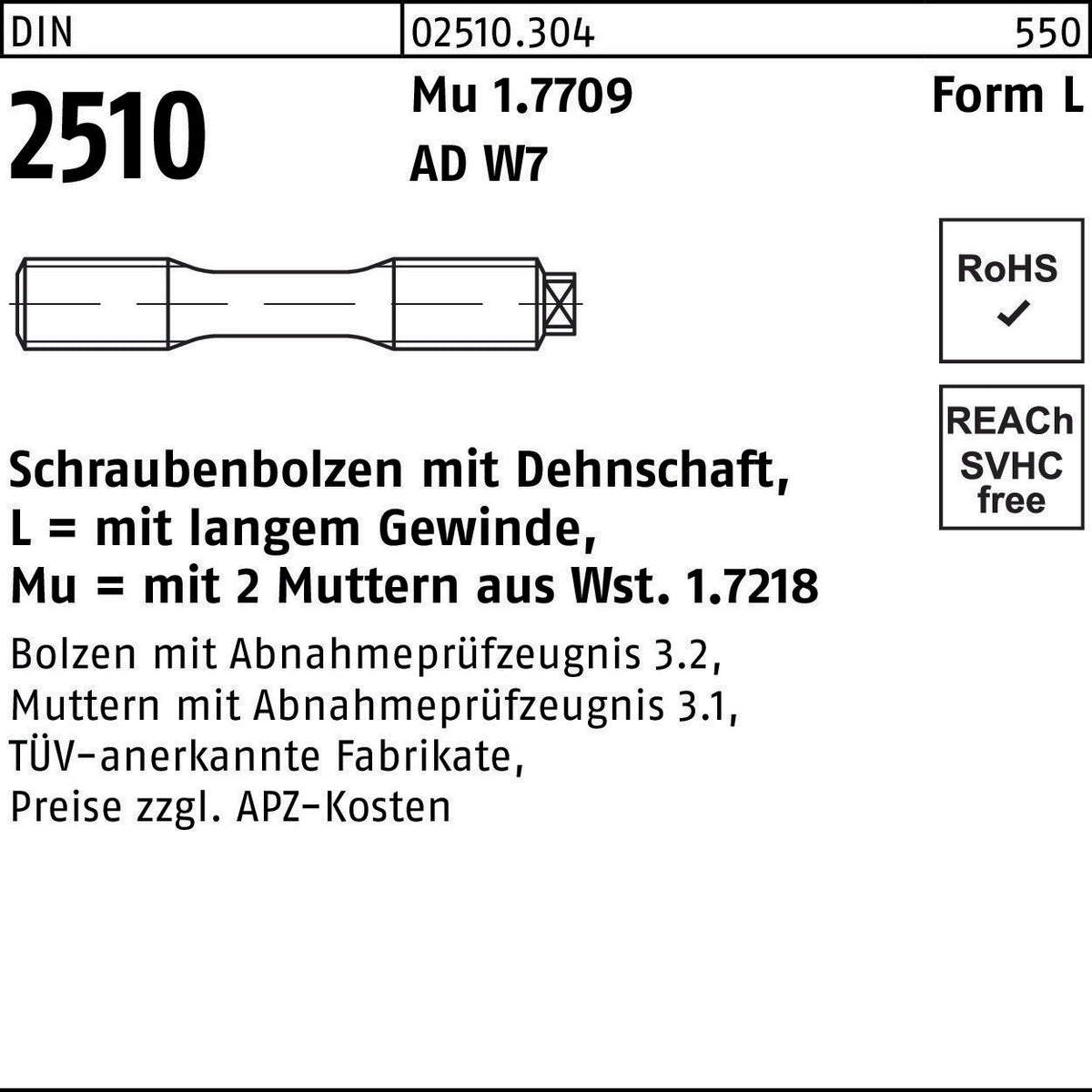 F. REYHER Schraubenbolzen DIN 2510 Dehnschaft LM 12x65 Mu 1.7709 mit 2 Muttern