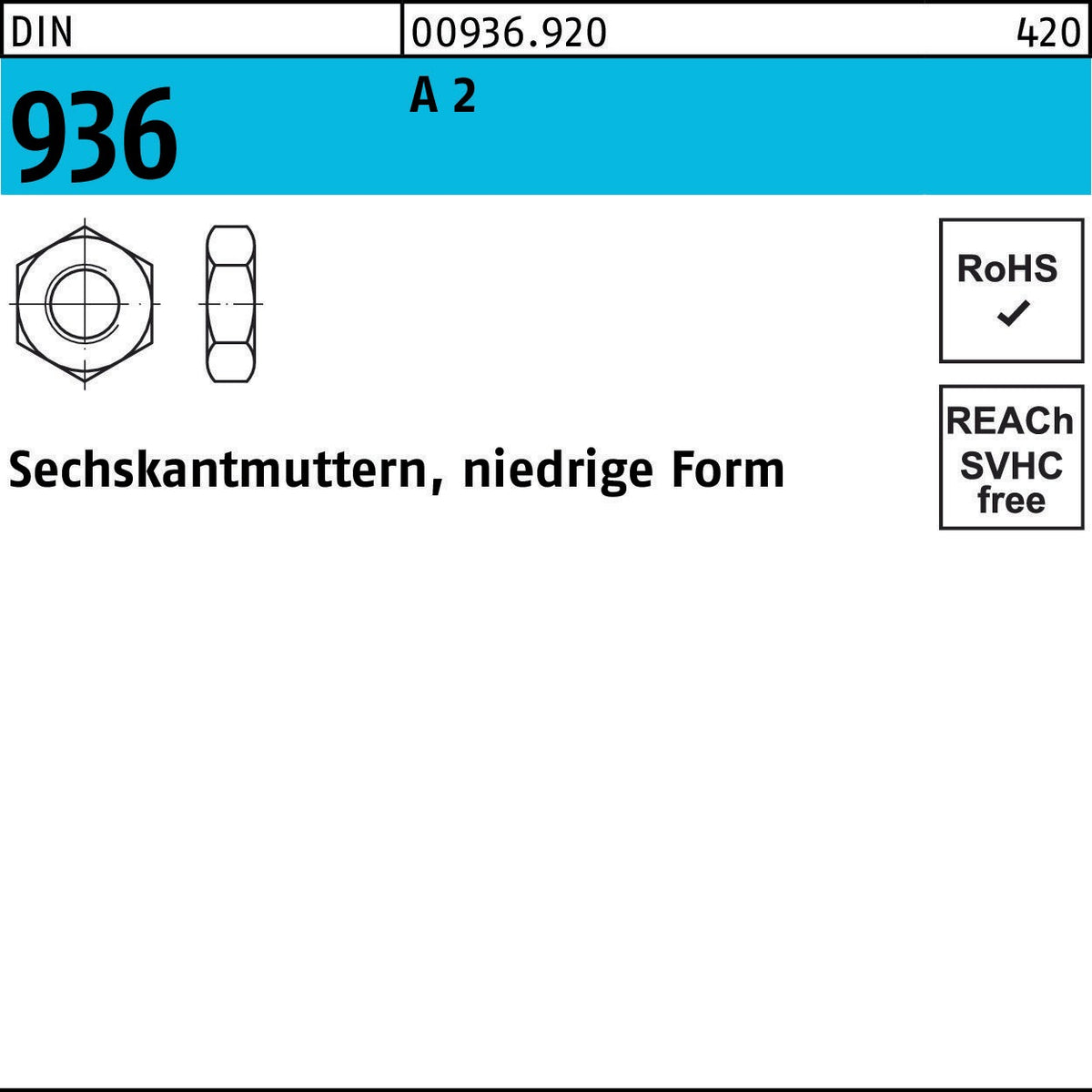 F. REYHER Sechskantmutter DIN 936 M20 22 H – 50 Stück, niedrige Form