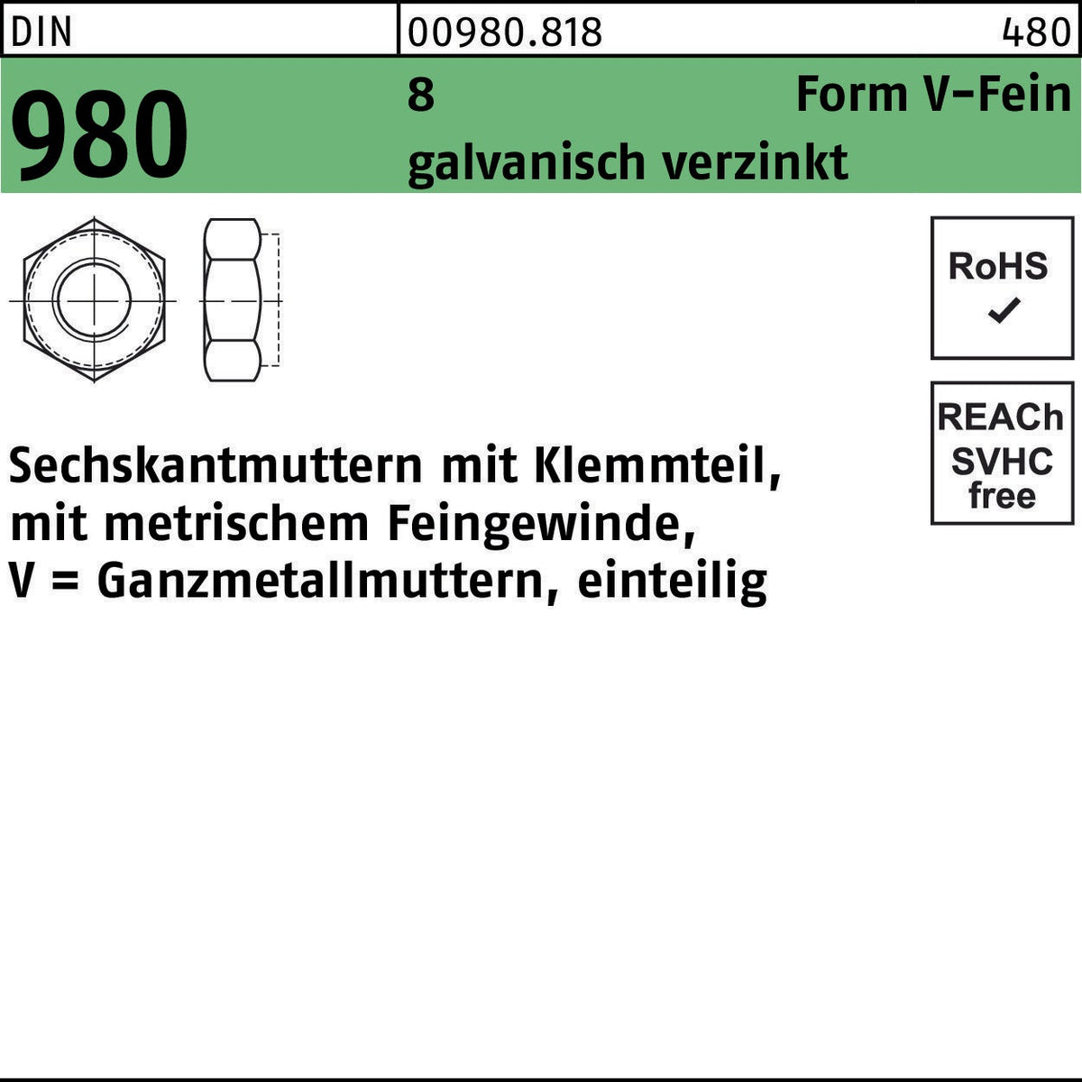 F. REYHER Sechskantmutter DIN 980 mit Klemmteil VM 8x1, galvanisch verzinkt