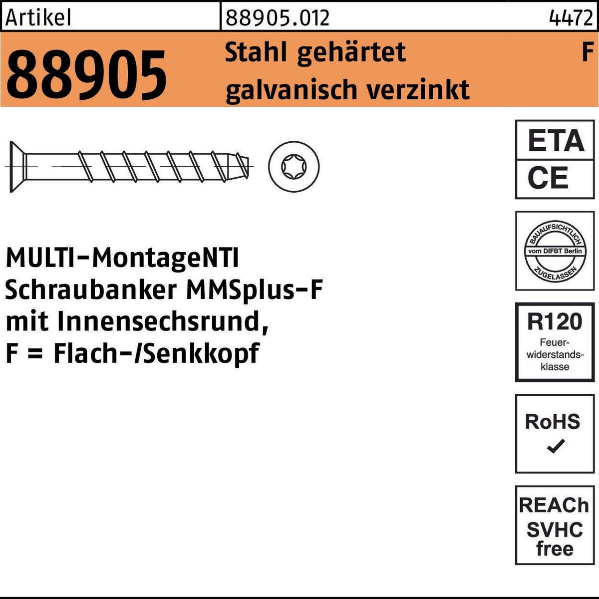 HECO MULTI-MONTI MMSplus-F Schraubanker 6x40 mm – 100 Stück, Stahl gehärtet, galvanisch verzinkt, Senkkopf T30