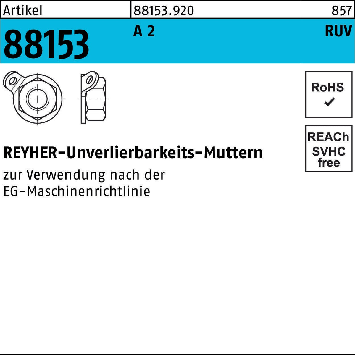 REYHER Unverlierbarkeitsmutter R 88153 M5 A 2, 25 Stück – Edelstahl, RUV-Form