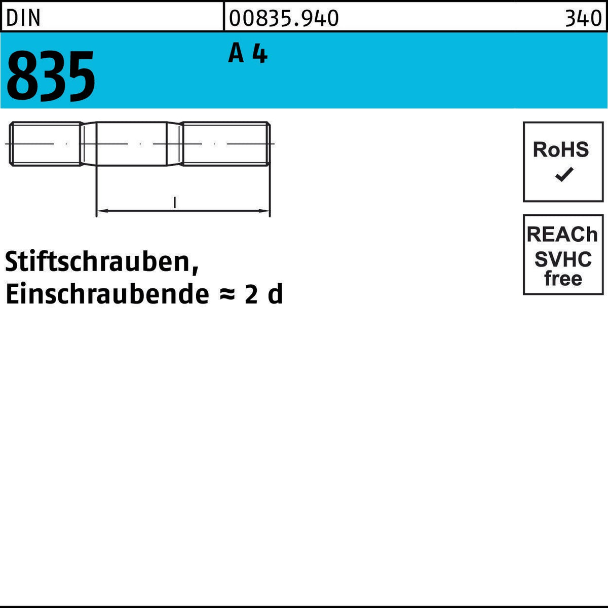 F. REYHER Stiftschraube DIN 835 M6x16 5.8 Einschraubende 2d – 100 Stück