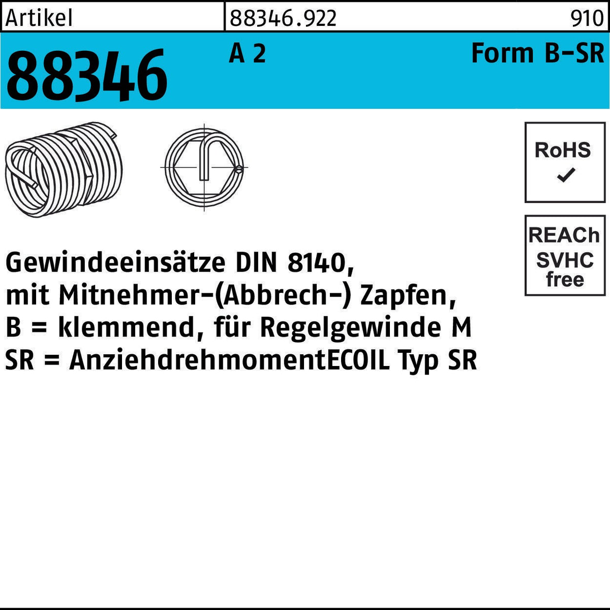 AMECOIL Gewindeeinsatz R 88346 Form B-SR BM 3x3 A2 – 25 Stück