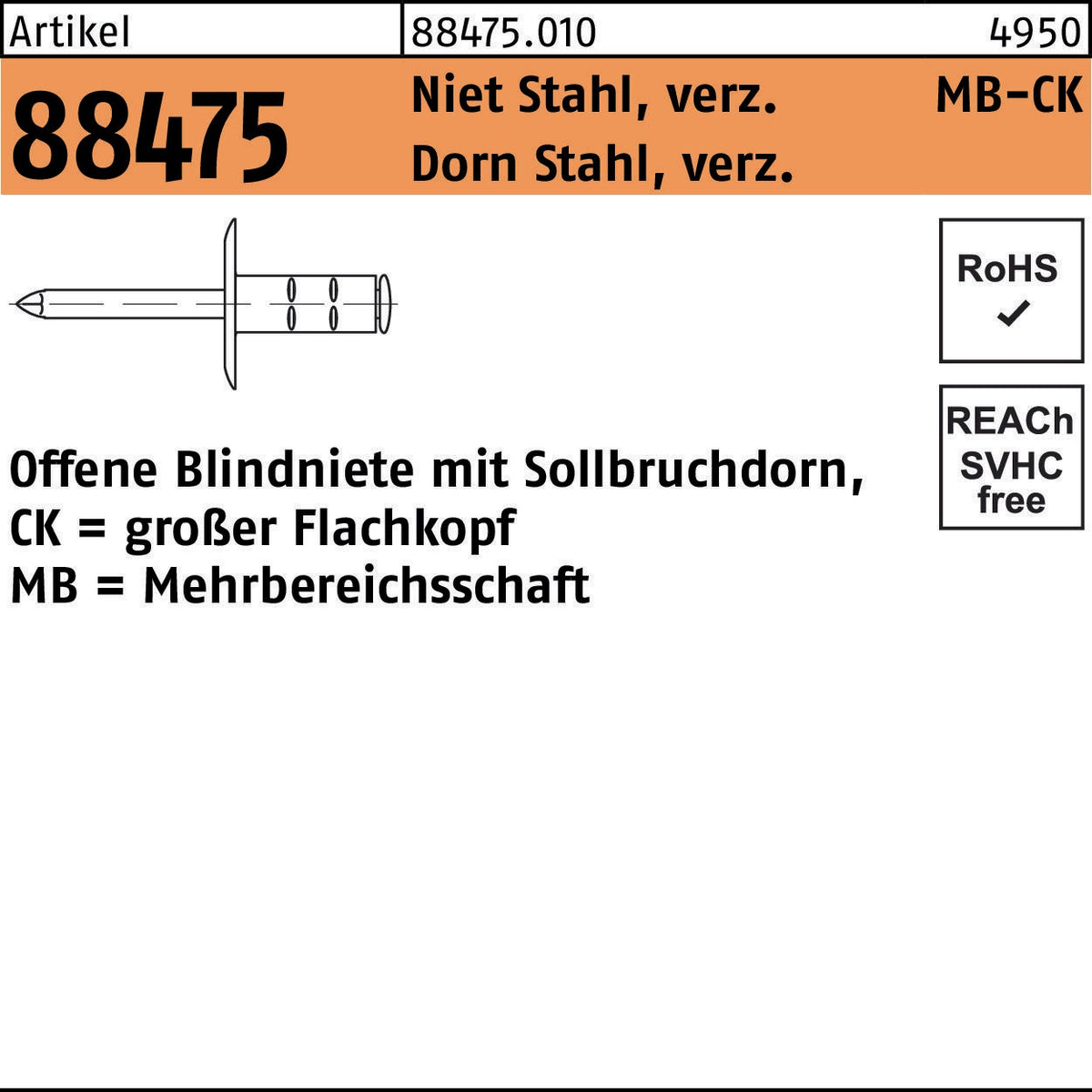 GESIPA Blindniete R 88474 Flachkopf Alu/Stahl verzinkt 3,2 x 9,5 mm – 1000 Stück