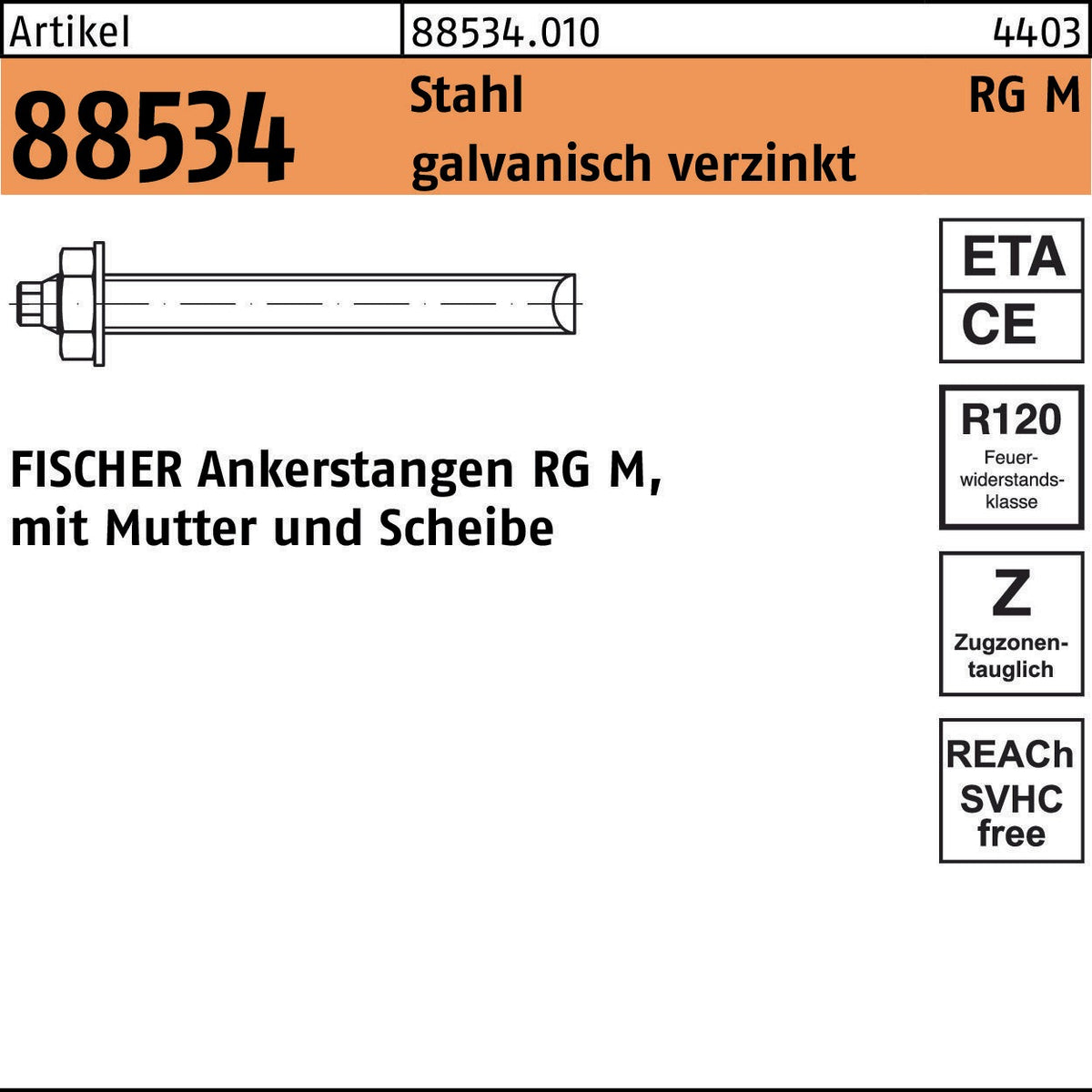 FISCHER Ankerstange RG M8x110 mm mit Mutter & Scheibe, Stahl verzinkt