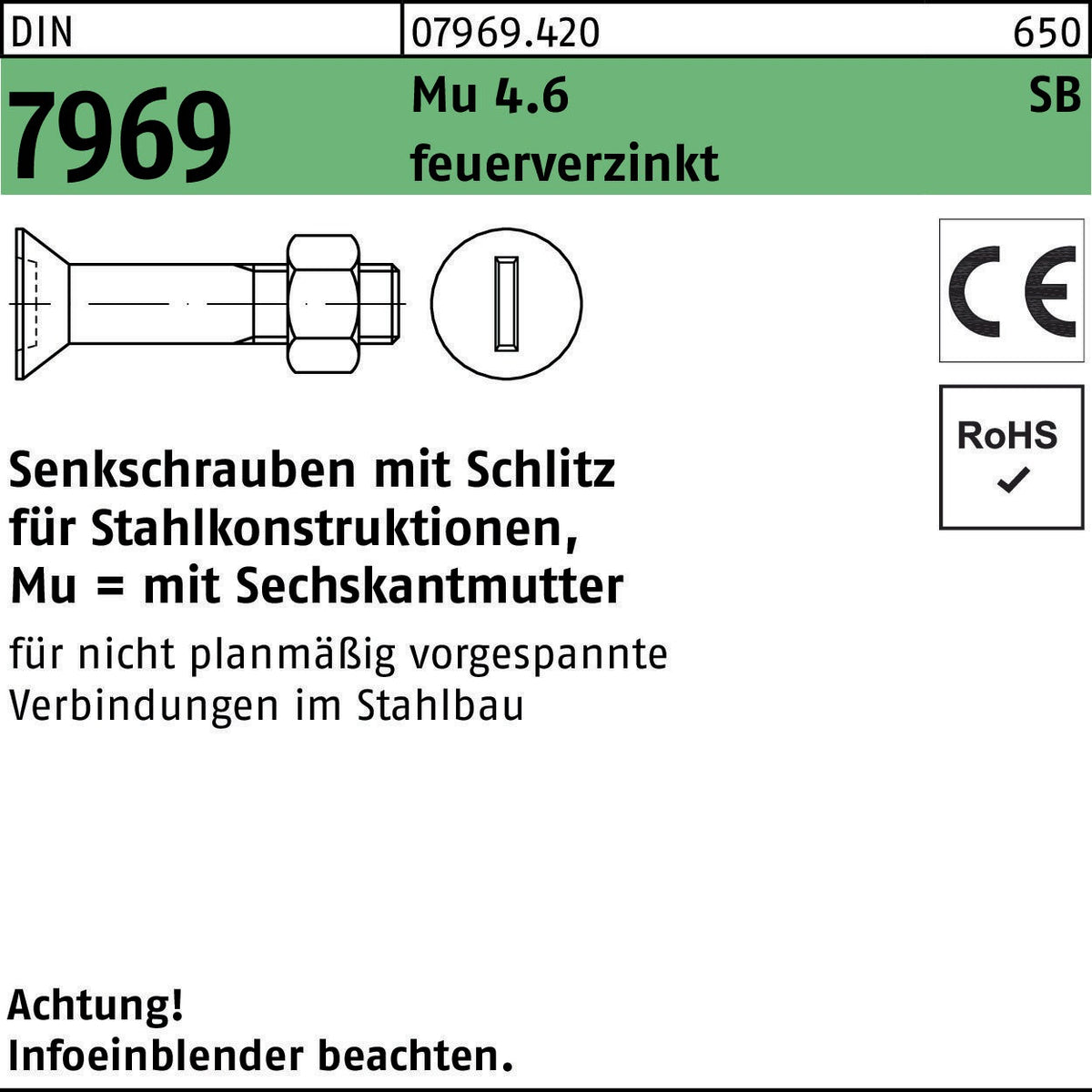 F. REYHER Senkschraube DIN 7969 U/CE Schlitz/Mutter M12x35 4.6 feuerverzinkt