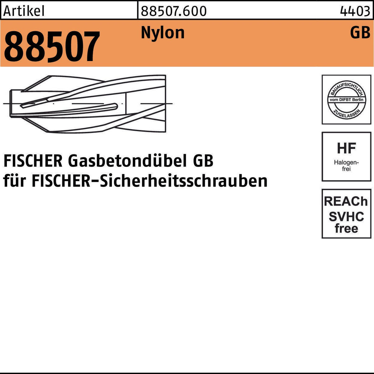 FISCHER Gasbetondübel GB 8x50/5 Nylon – 25 Stück für Sicherheitsschrauben