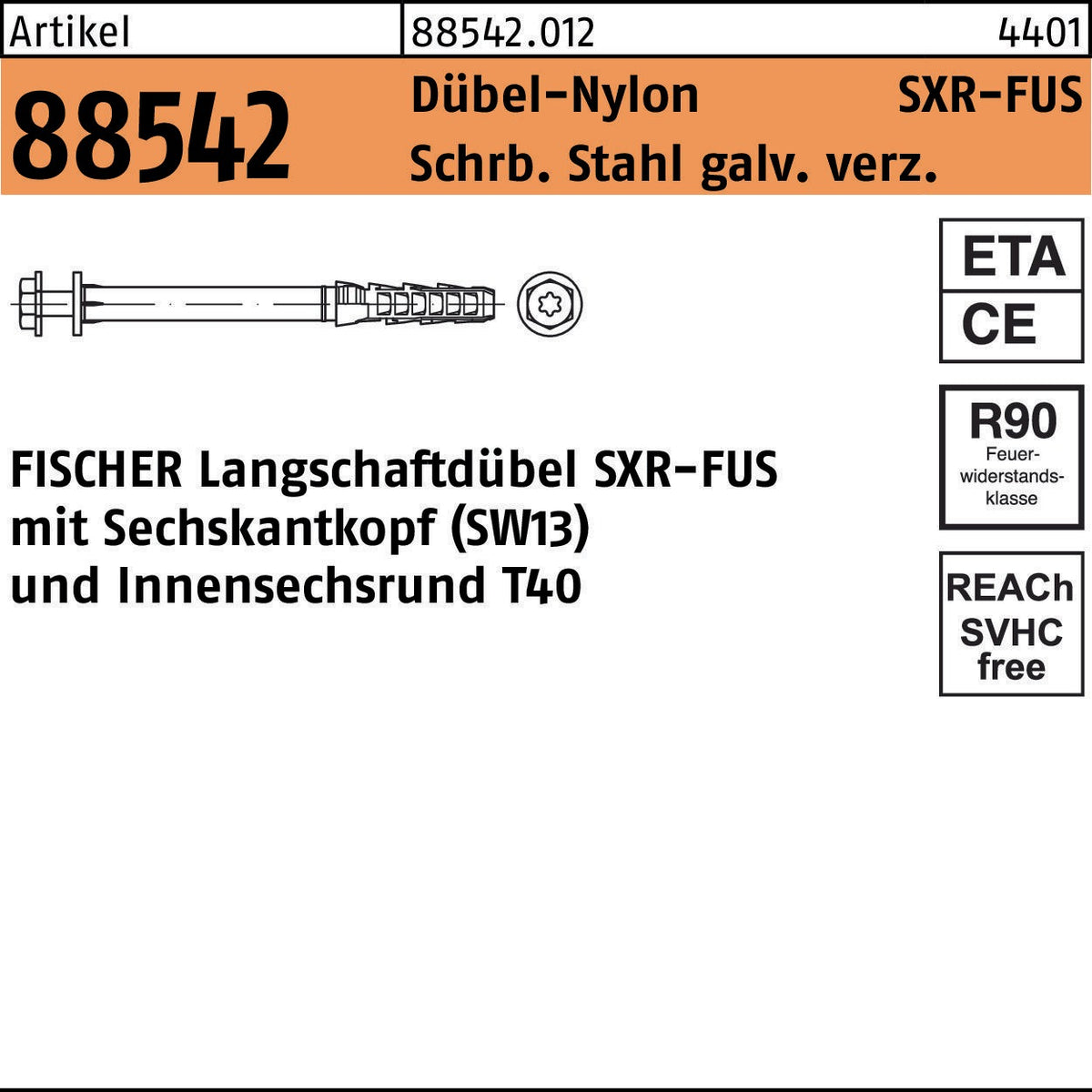 fischer Rahmendübel SXR-FUS 10x60 mit Schraube St verz. – 50 Stück