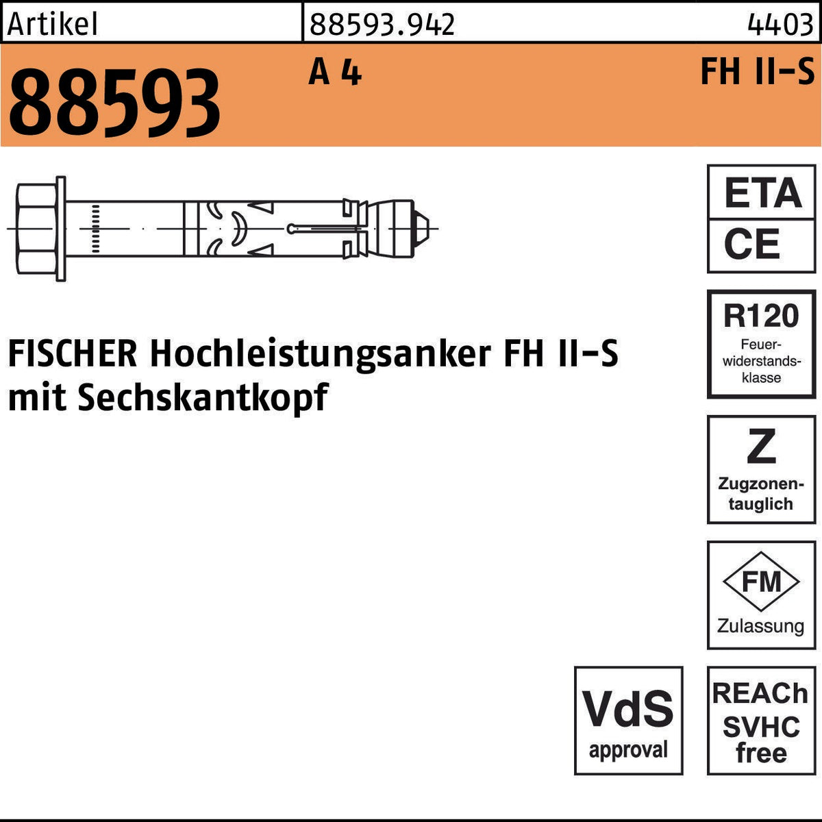 FISCHER Hochleistungsanker FH II-S 10/10 S, Stahl galvanisch verzinkt