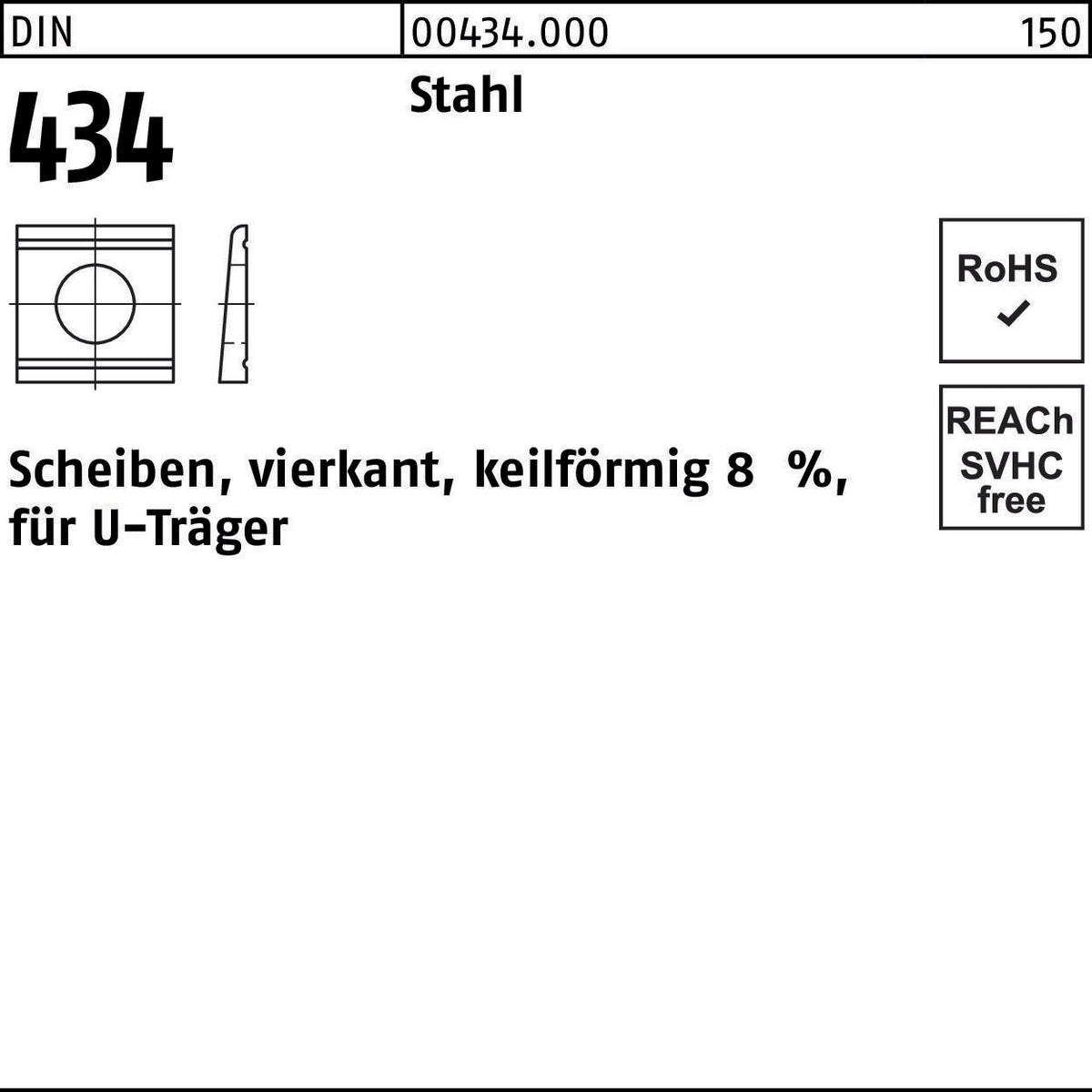 F. REYHER U-Scheibe DIN 434 vierkant keilförmig Stahl 9 mm Neigung 8% – 100 Stück