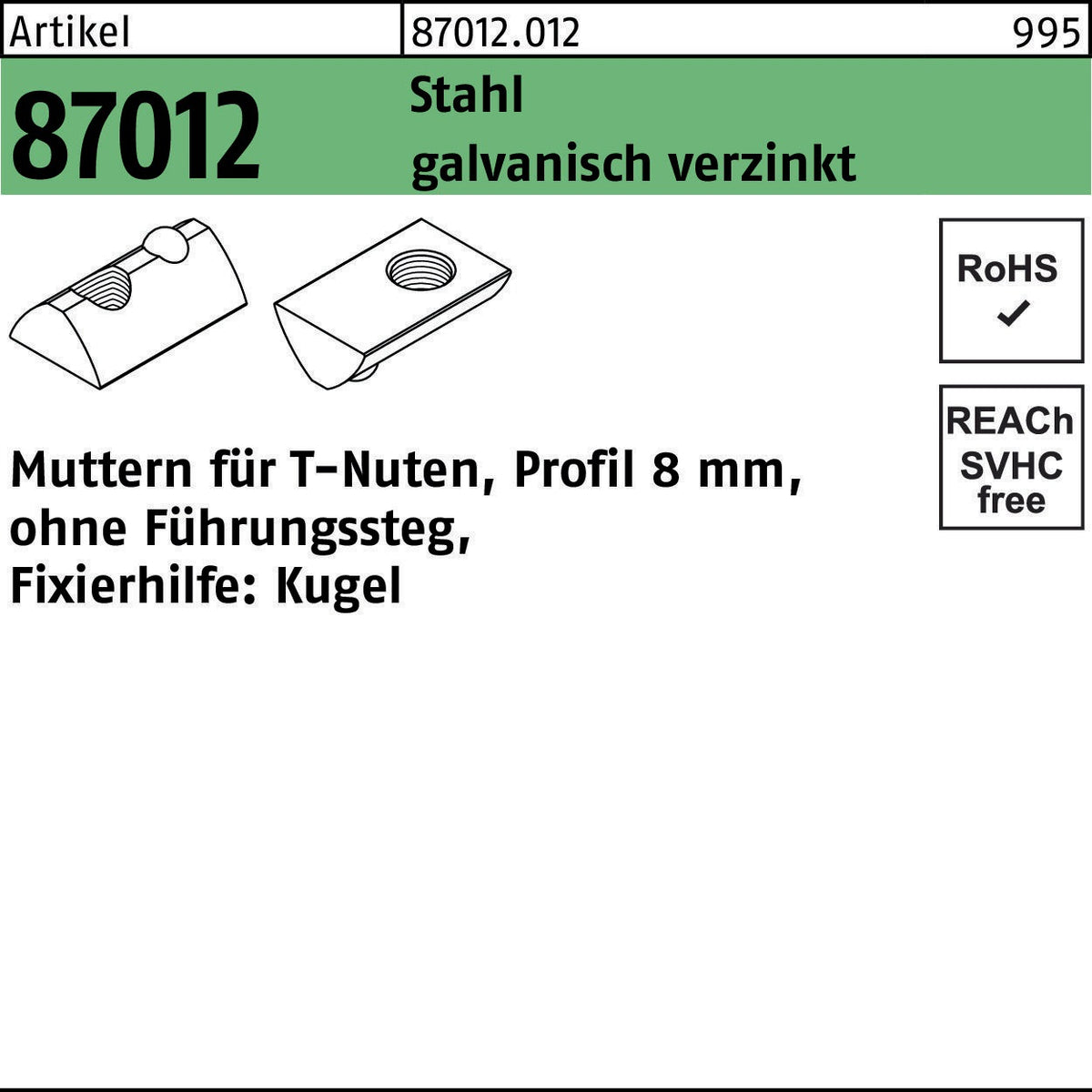 F. REYHER T-Nutenmutter R 87012 ohne Führungssteg 8 mm M6 Stahl galvanisch verzinkt 100 Stück