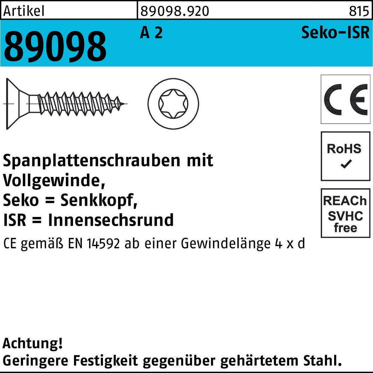 SEKO ISR Spanplattenschrauben 4,5 x 35 mm T20 A2 Edelstahl, 500 Stück von REYHER