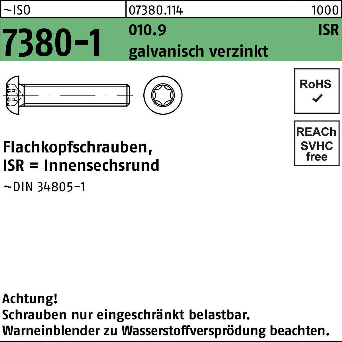 F. REYHER Flachkopfschraube ISO 7380-1 ISR M8x12-T40 10.9 galvanisch verzinkt