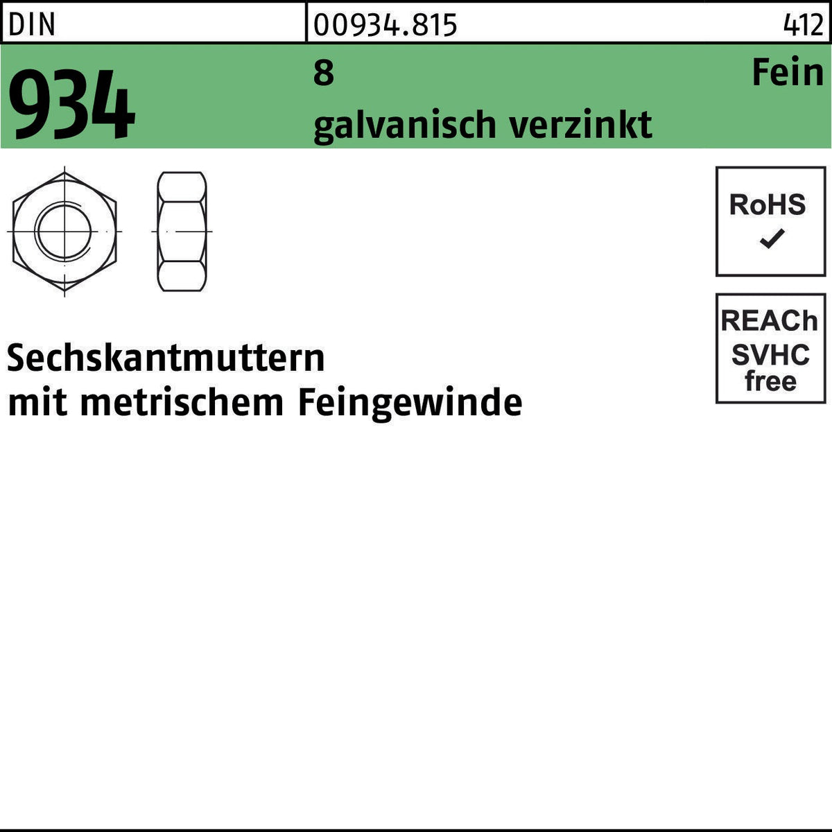 F. REYHER Sechskantmutter DIN 934 M8x1 Fein galvanisch verzinkt 1000 Stück