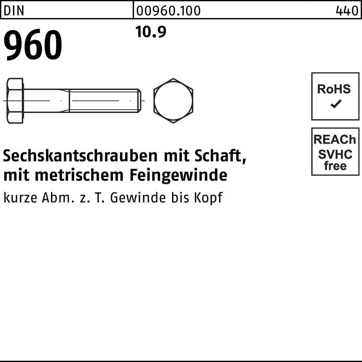 F. REYHER Sechskantschraube DIN 960 M22x1,5x90 mm 10.9 mit Schaft – 10 Stück