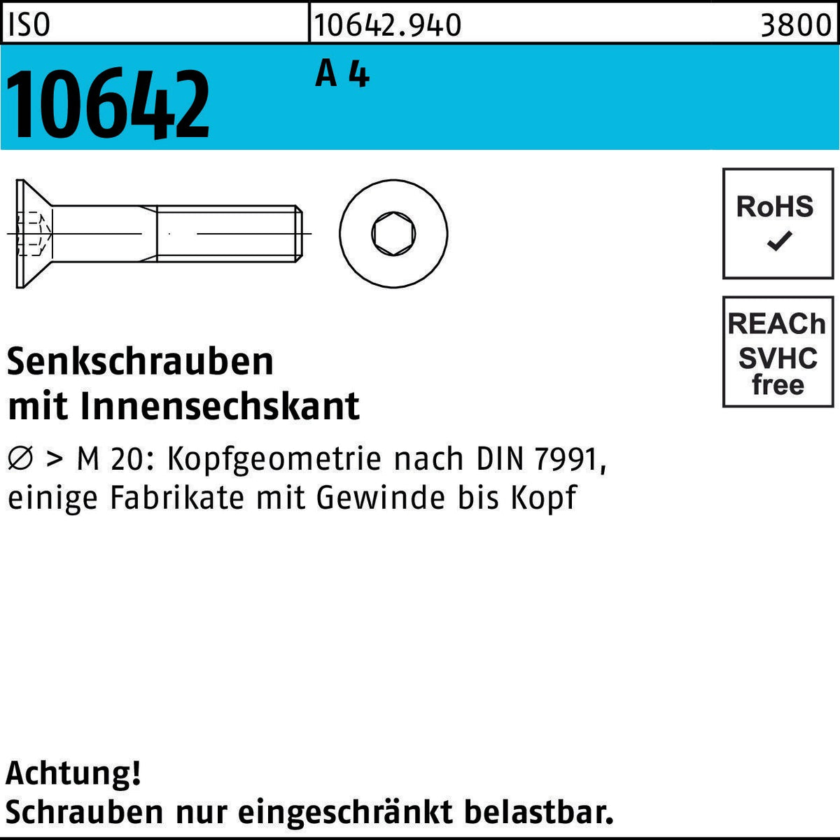 F. REYHER Senkschraube ISO 10642 Innensechskant M4x30 A4 – 200 Stück