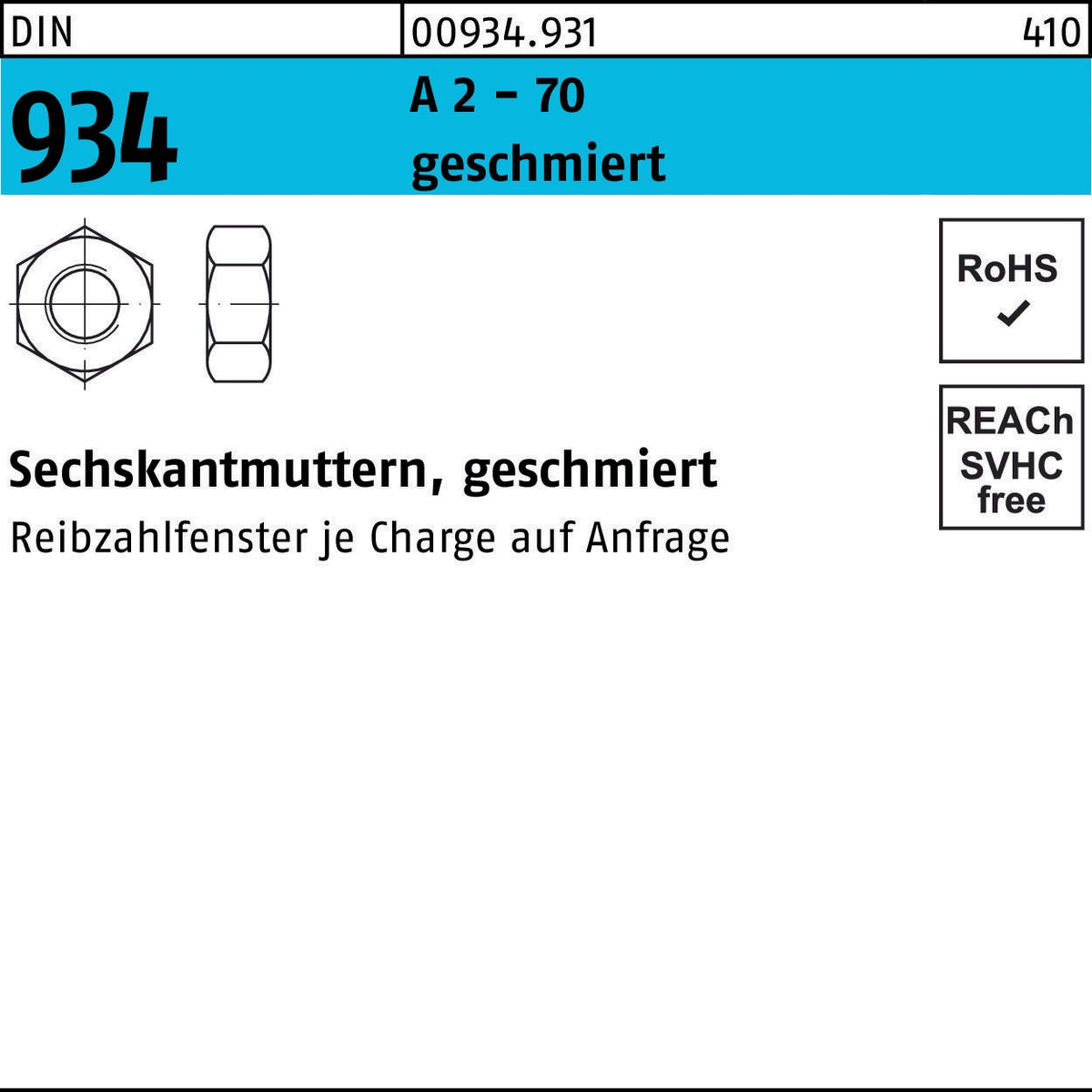 Sechskantmutter DIN 934 M10 A2-70 geschmiert, 250 Stück von F. REYHER