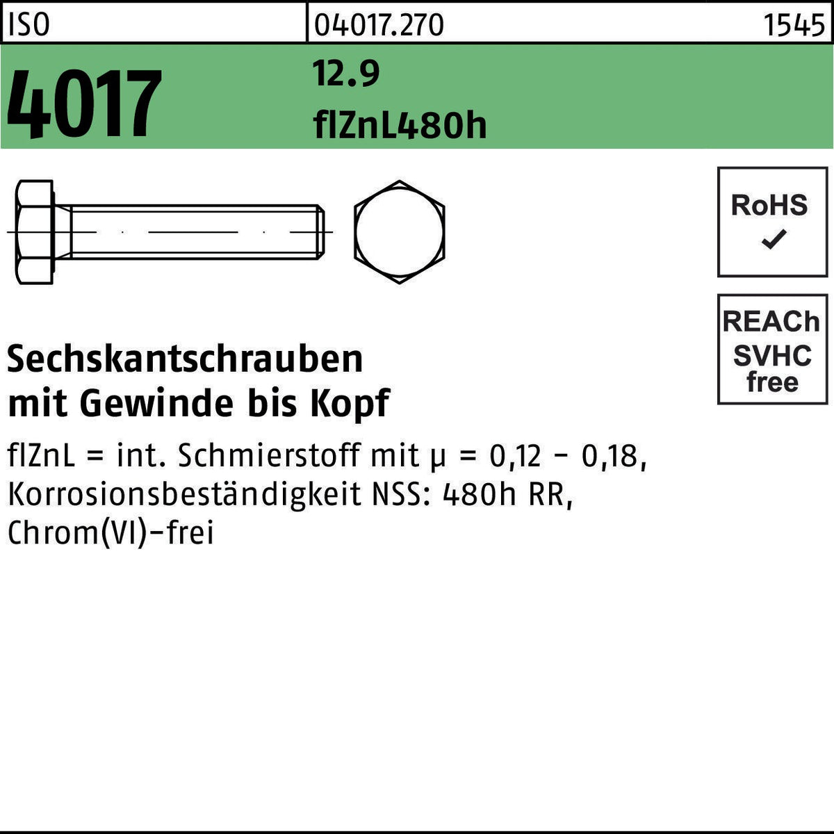 BUFAB Sechskantschraube ISO 4017 12.9 M16x30 – 50 Stück, zinklamellenbeschichtet