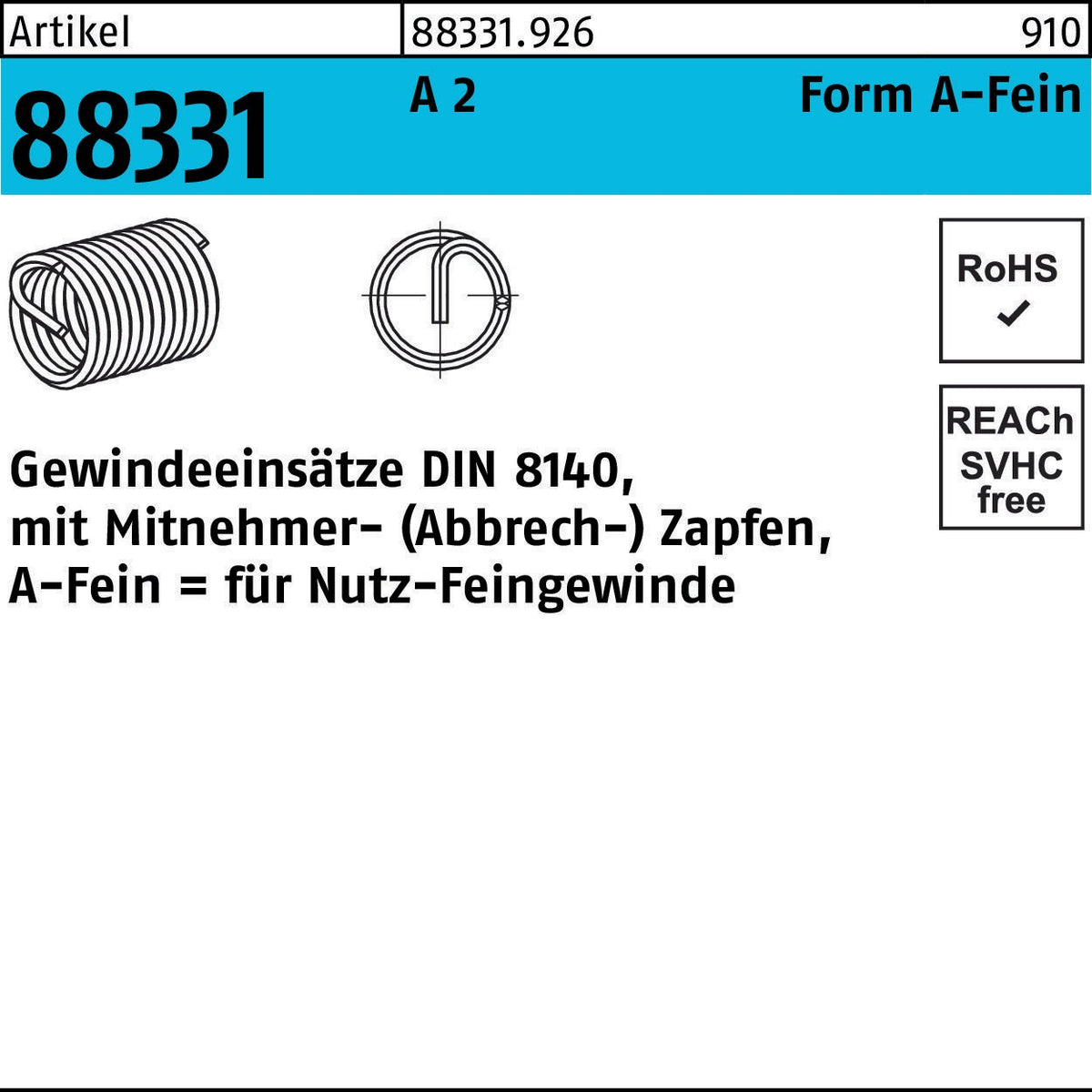 AMECOIL Gewindeeinsatz R 88331 Form A-Fein M8x1x8 A2 – 25 Stück