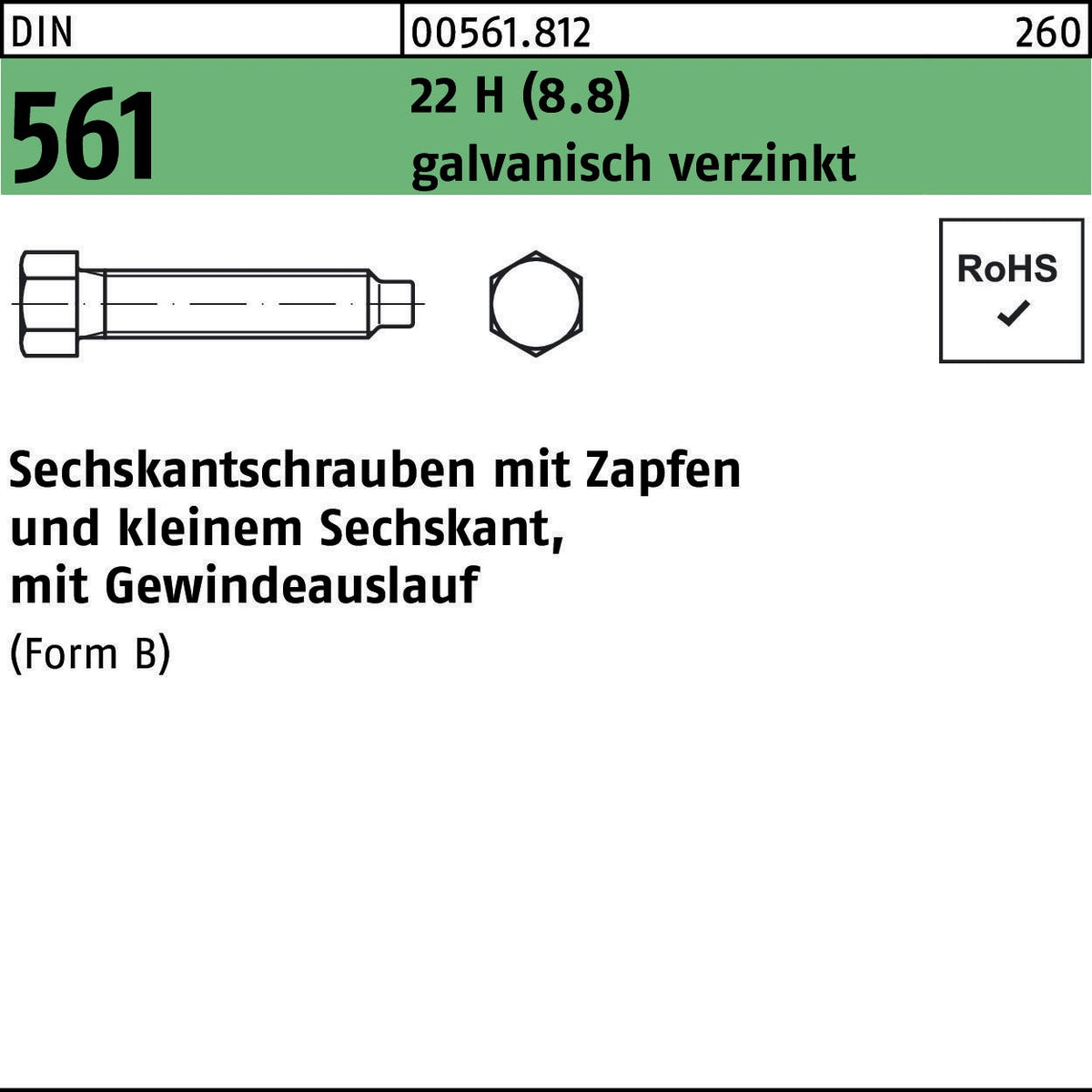 Sechskantschraube DIN 561 Zapfen BM 30x80 22 H (8.8) galvanisch verzinkt von F. REYHER