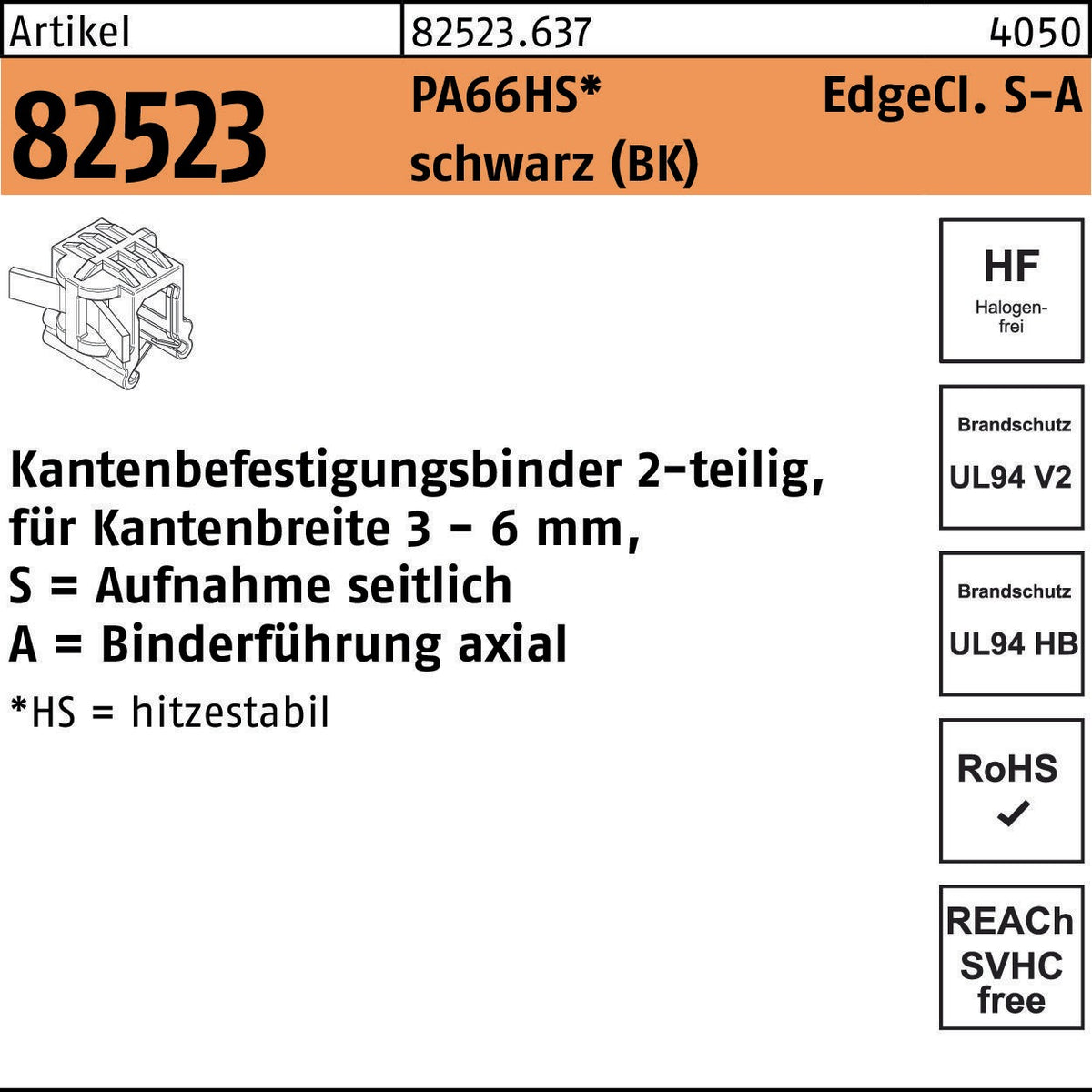 HELLERMANNTYTON Kantenbefestigungsbinder R 82523 EdgeClip 4,6x200/45 PA66HS schwarz