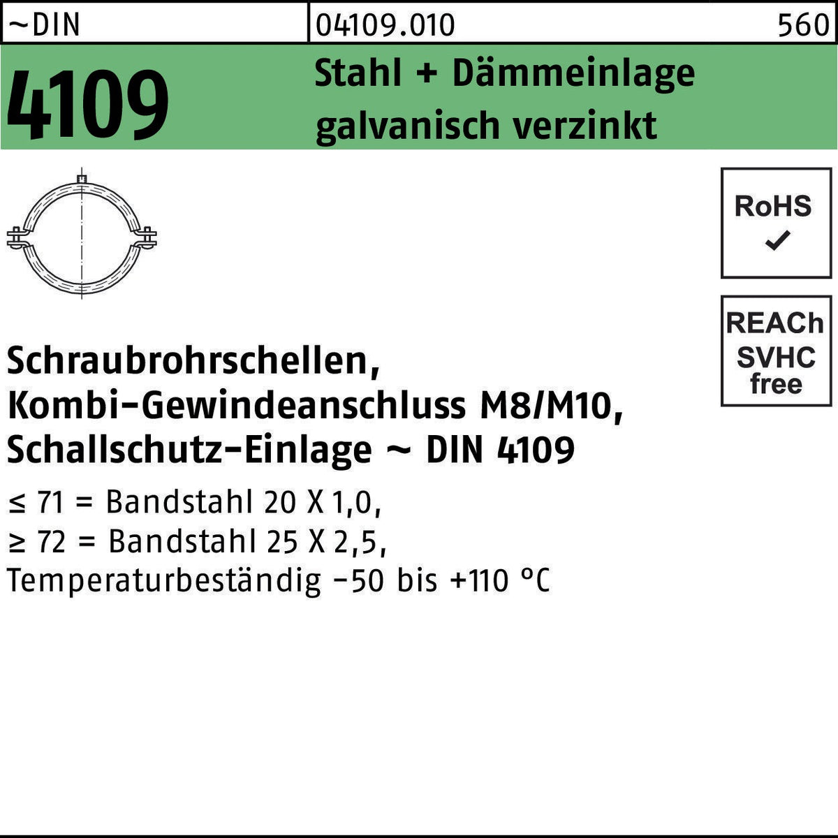Schraubrohrschelle DIN 4109 20-23 M8/M10 von F. REYHER – Stahl, Dämmeinlage, galvanisch verzinkt