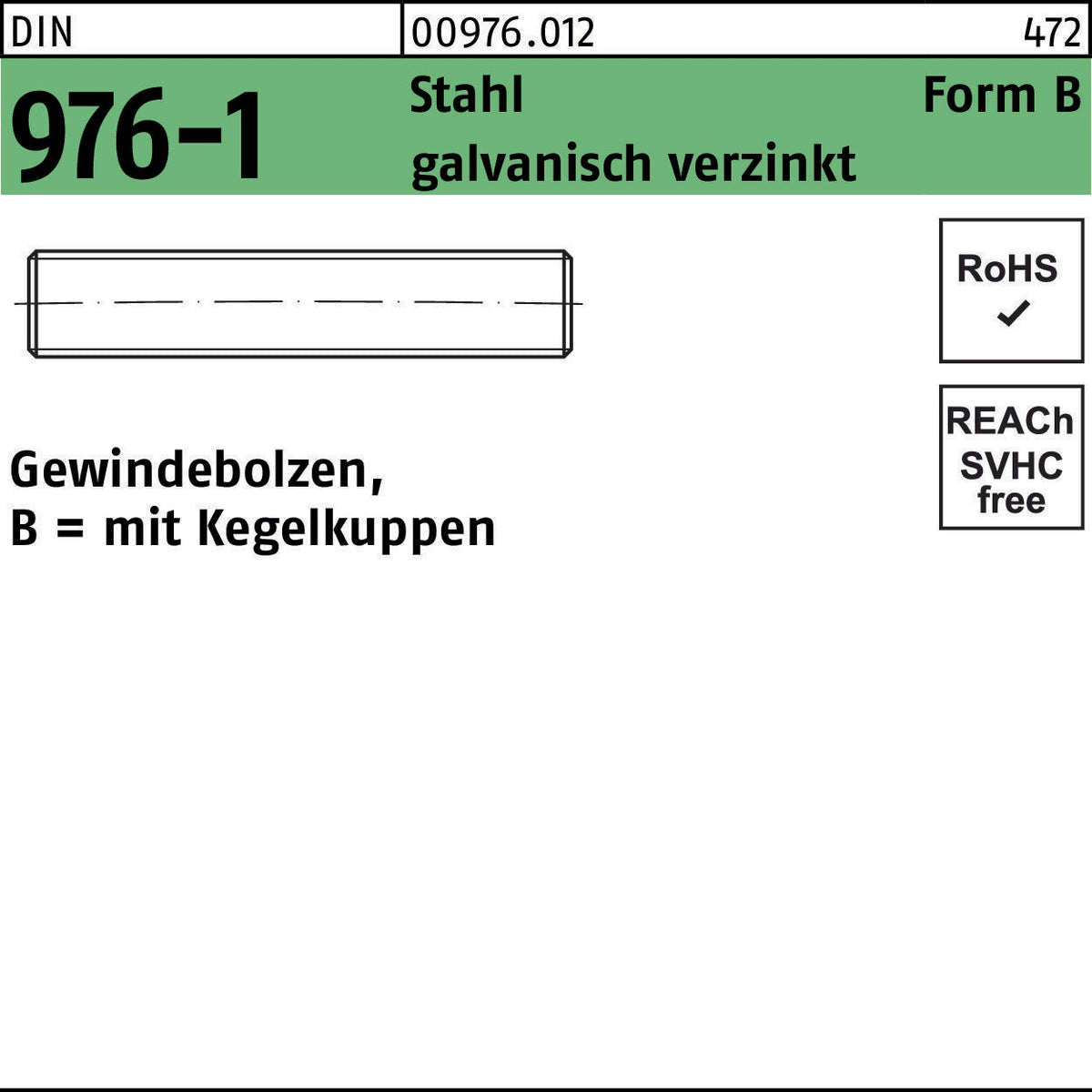 F. REYHER Gewindebolzen DIN 976 Kegelkuppen BM 6x40 Stahl galvanisch verzinkt 100 Stück