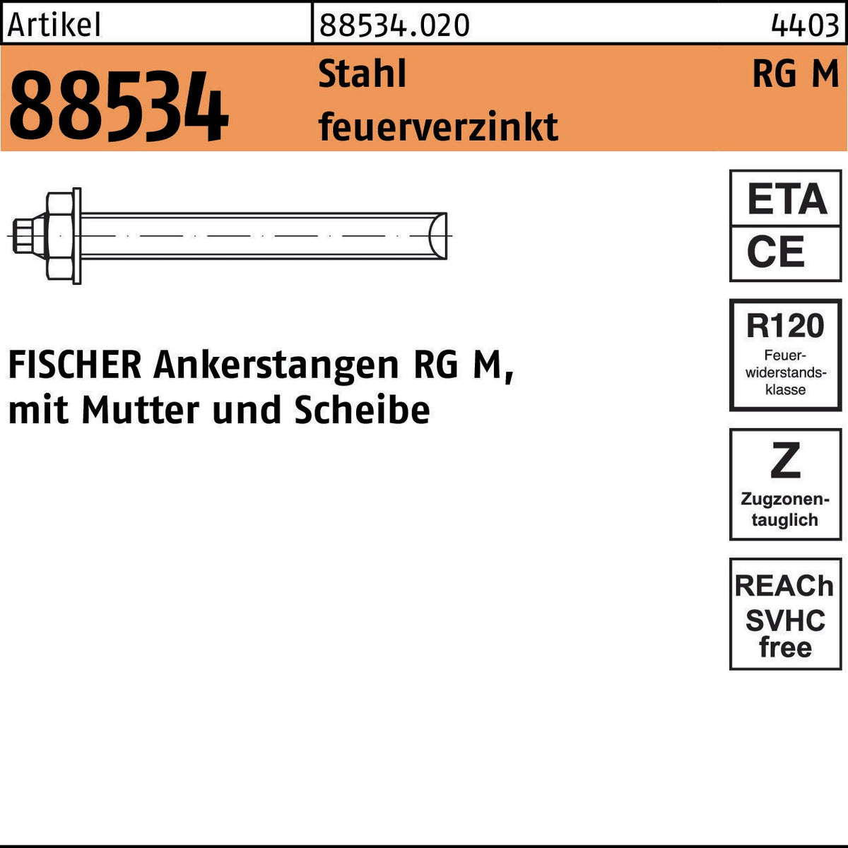 FISCHER Ankerstange RG M8x110 mm mit Mutter & Scheibe, Stahl verzinkt