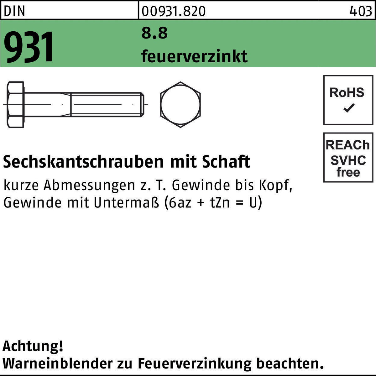 F. REYHER Sechskantschraube DIN 931 M8x35 8.8 feuerverzinkt