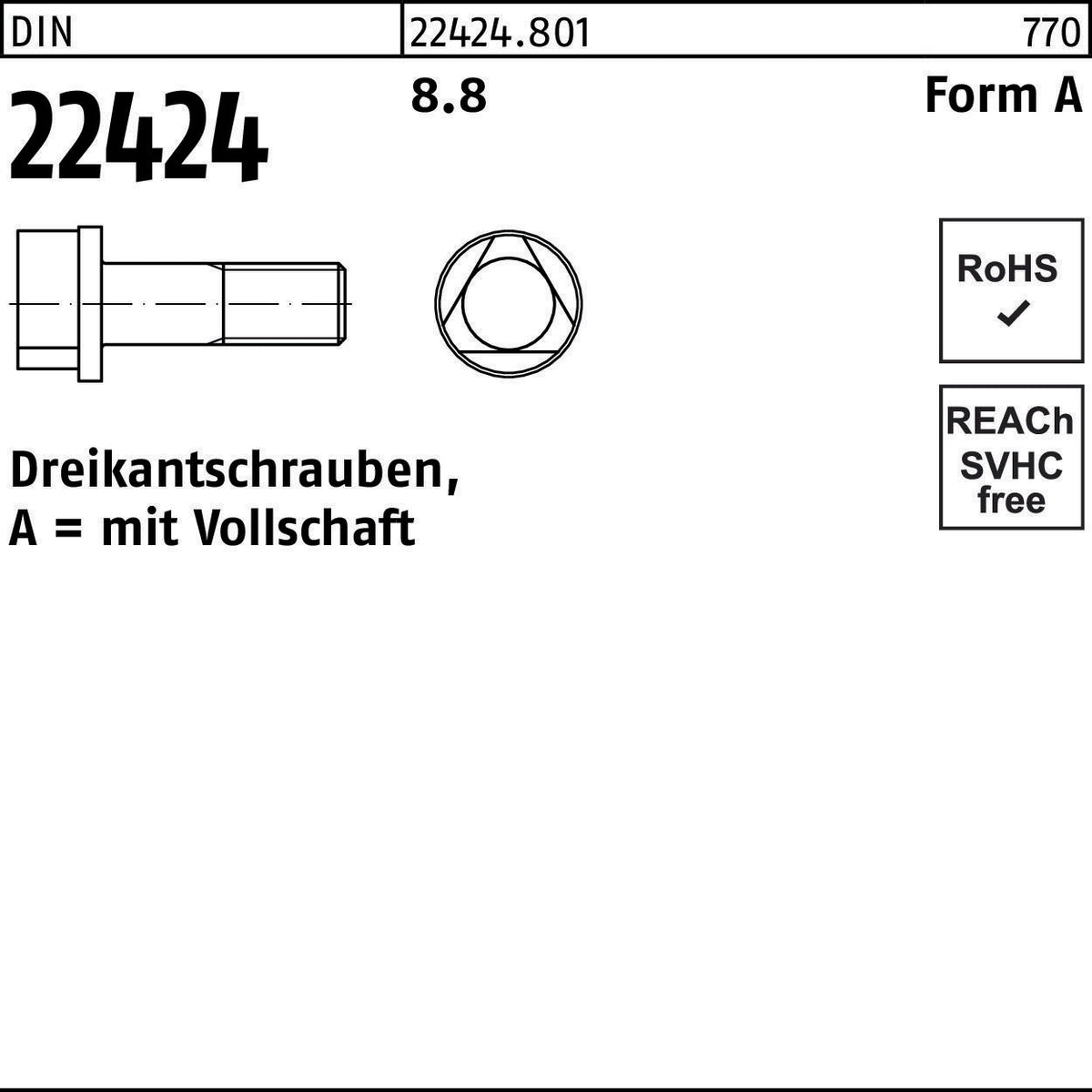 F. REYHER Dreikantschraube DIN 22424 Form A AM 8x25 mm 8.8
