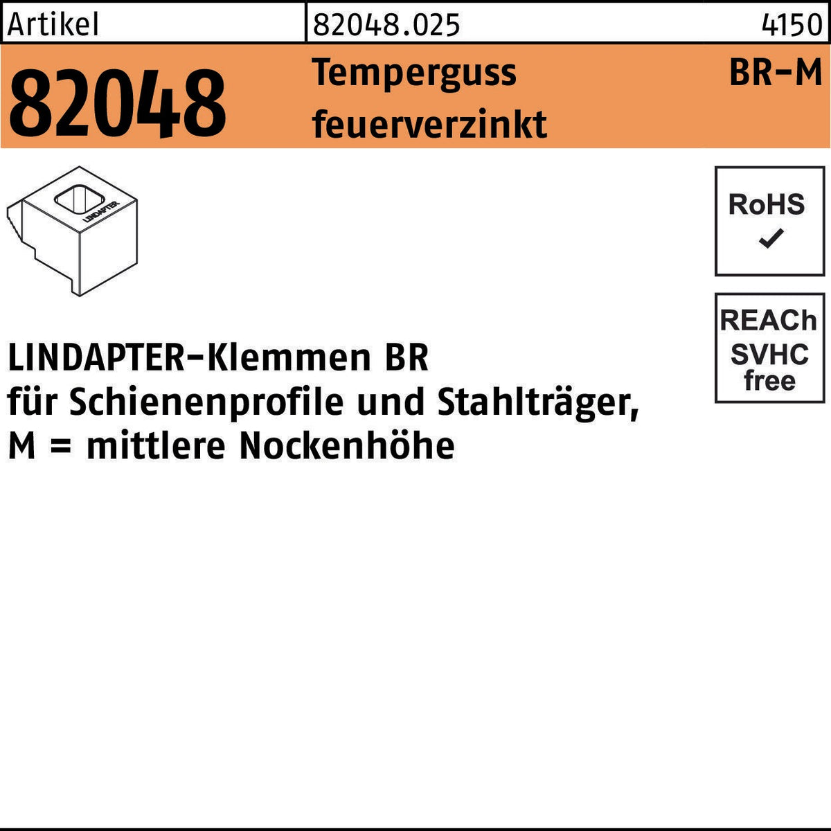 LINDAPTER Klemme R 82048 GTW 40 BR 12/4,0 Temperguss galvanisch verzinkt
