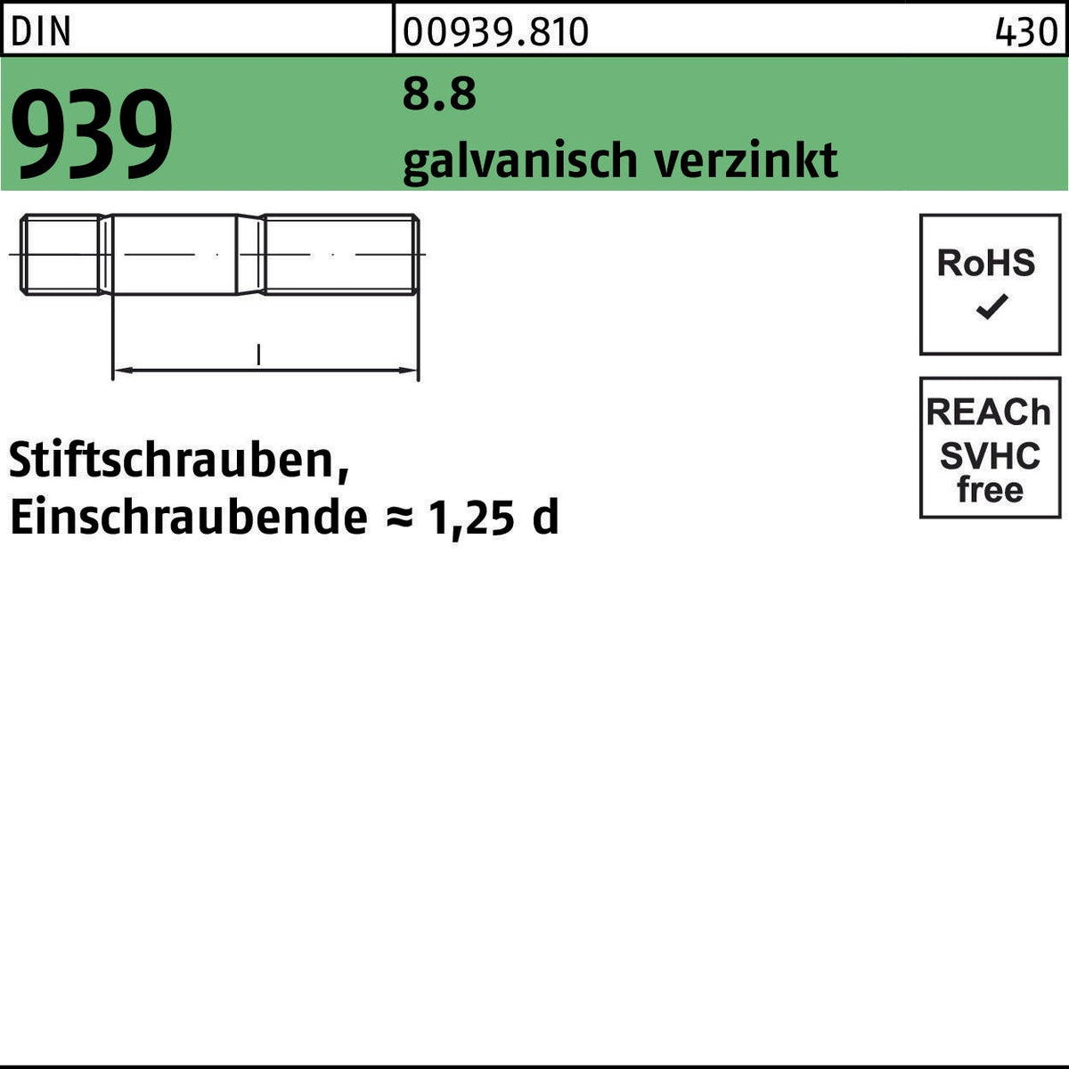 F. REYHER Stiftschraube DIN 939 M10x80 8.8 galvanisch verzinkt