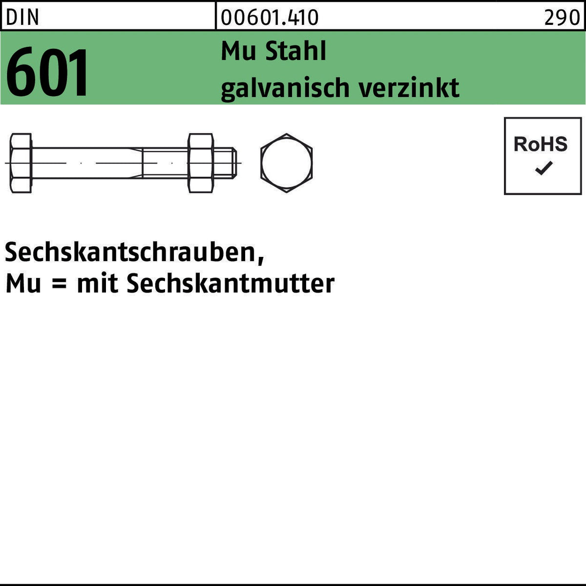 F. REYHER Sechskantschraube DIN 601 M5x16 mit Sechskantmutter, Stahl 4.6, galvanisch verzinkt